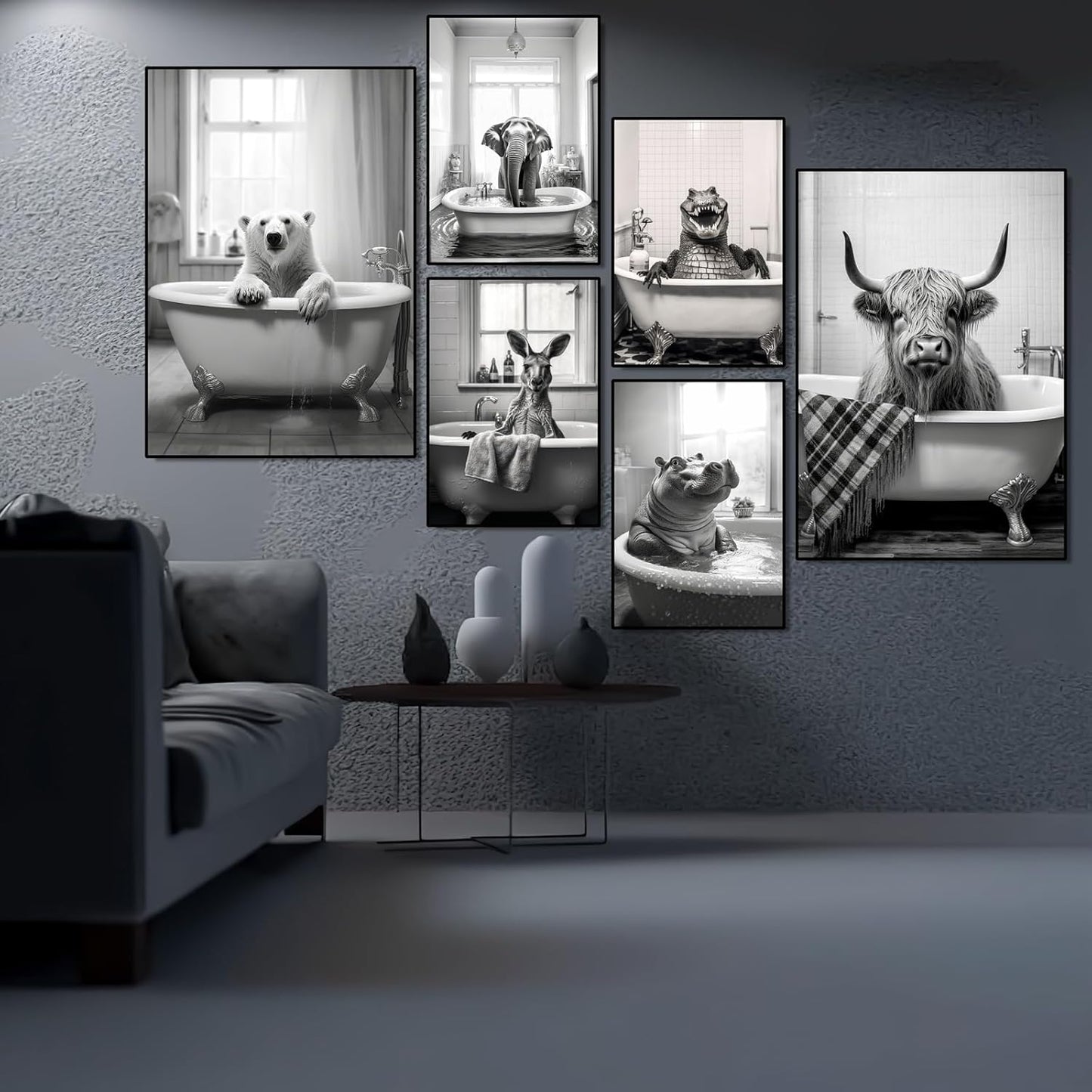 Funny Crocodile Bathroom Decor Wall Art (Black Aluminum L16"xW12" Frame) Prints Painting , Vintage Black and White Rustic Style Cute Animals Canvas Art Poster for Restroom Decoration, Farmhouse Wall