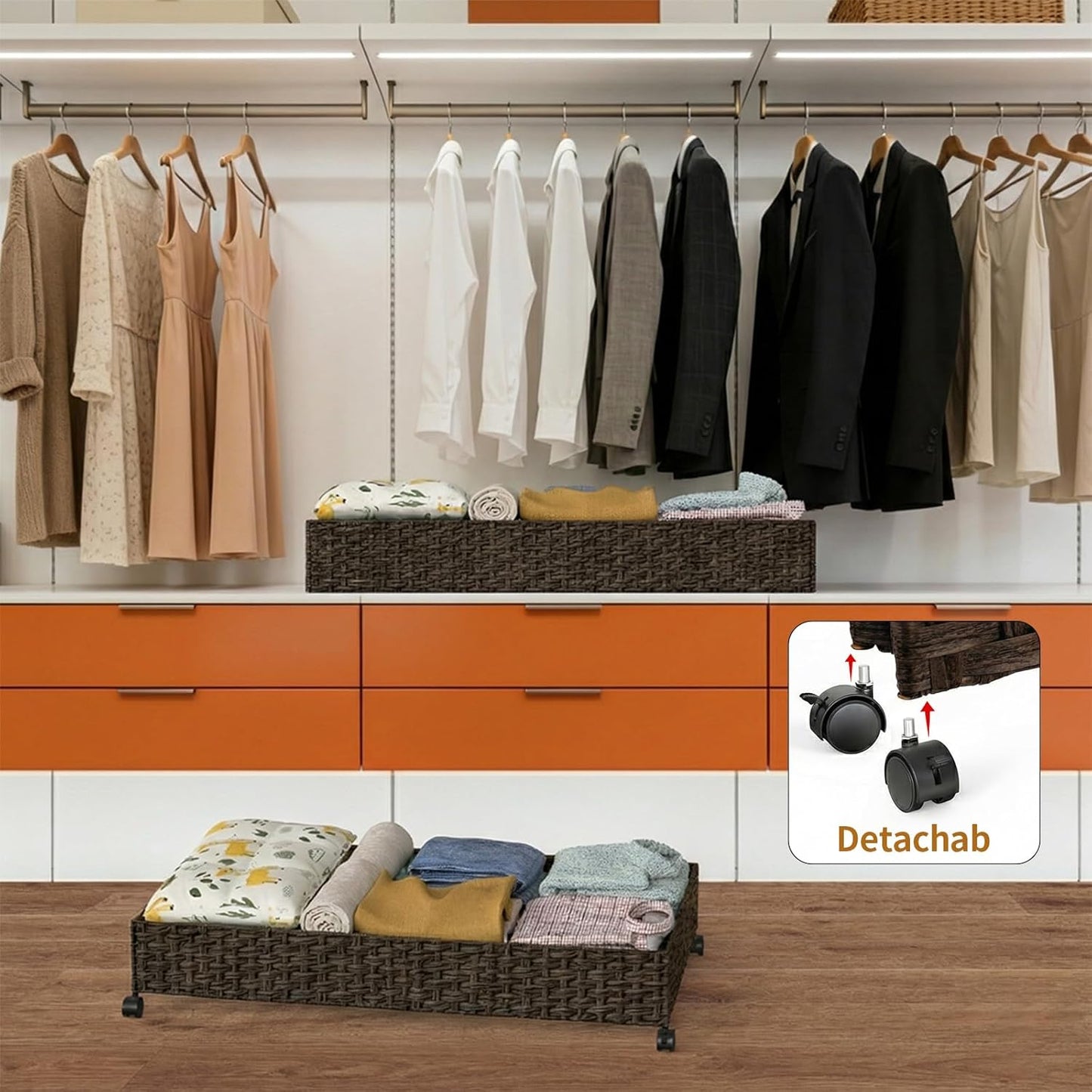 Under Bed Storage with Wheels, 40L Large Rolling Underbed Shoes Storage Boxs, Handwoven Rattan Under Bed Storage Organizer Drawers Containers for Clothes,Books,Toys,Brown(31.5 x 15.75 x 6.3 In)