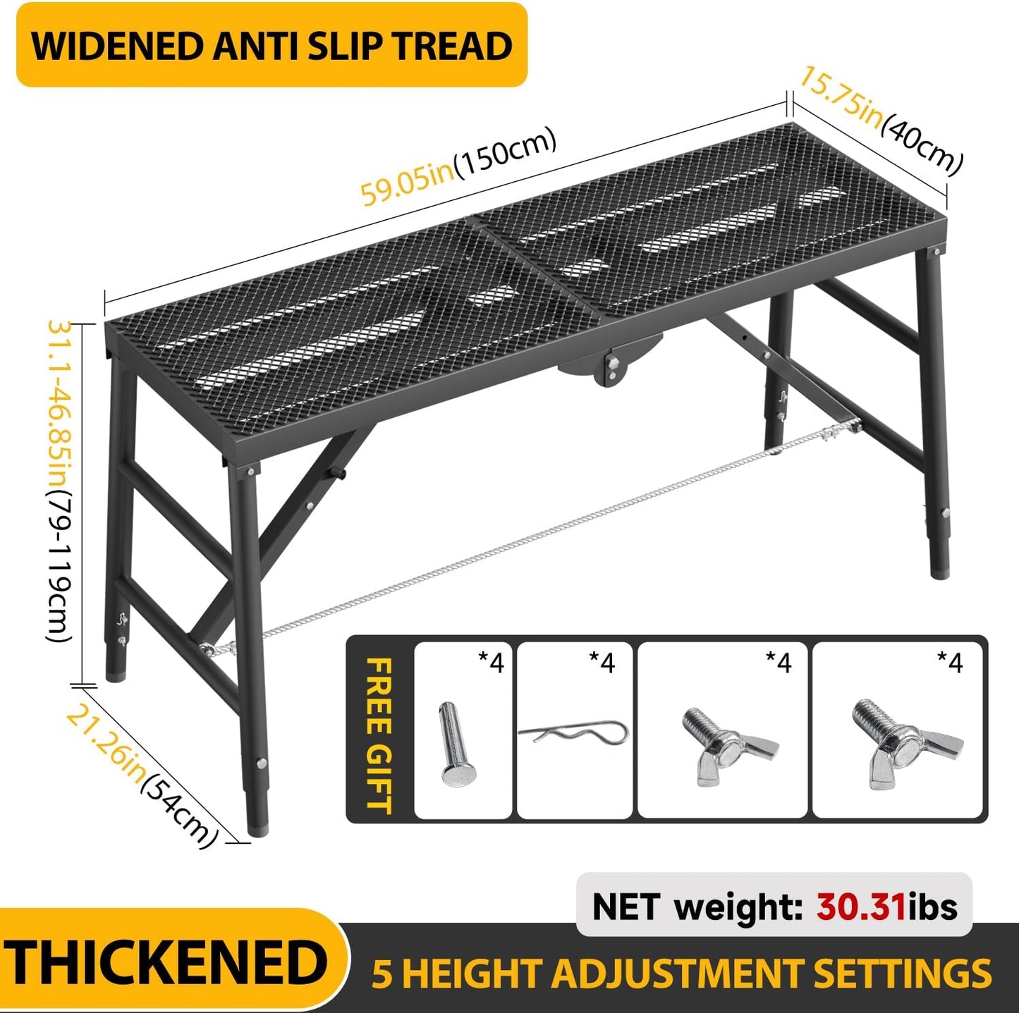 Scaffolding Platform 15.75"x59.05" Adjustable Work Platform Support 330 lbs Portable Scaffold 5 Gear Adjust Height 31 to 46 inches Folding Ladder Step Stool Non Slip