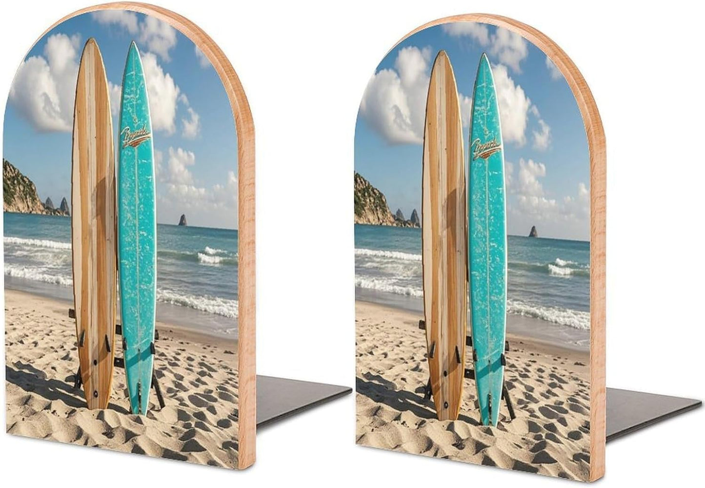 Vintage Turquoise Wood Surfboard Bookends 1 Pair Heavy Duty Book Ends for Shelves Non-Skid Bookend Supports Wooden Book Holders with Metal Base Desk Organizers Books Storage to Hold Books