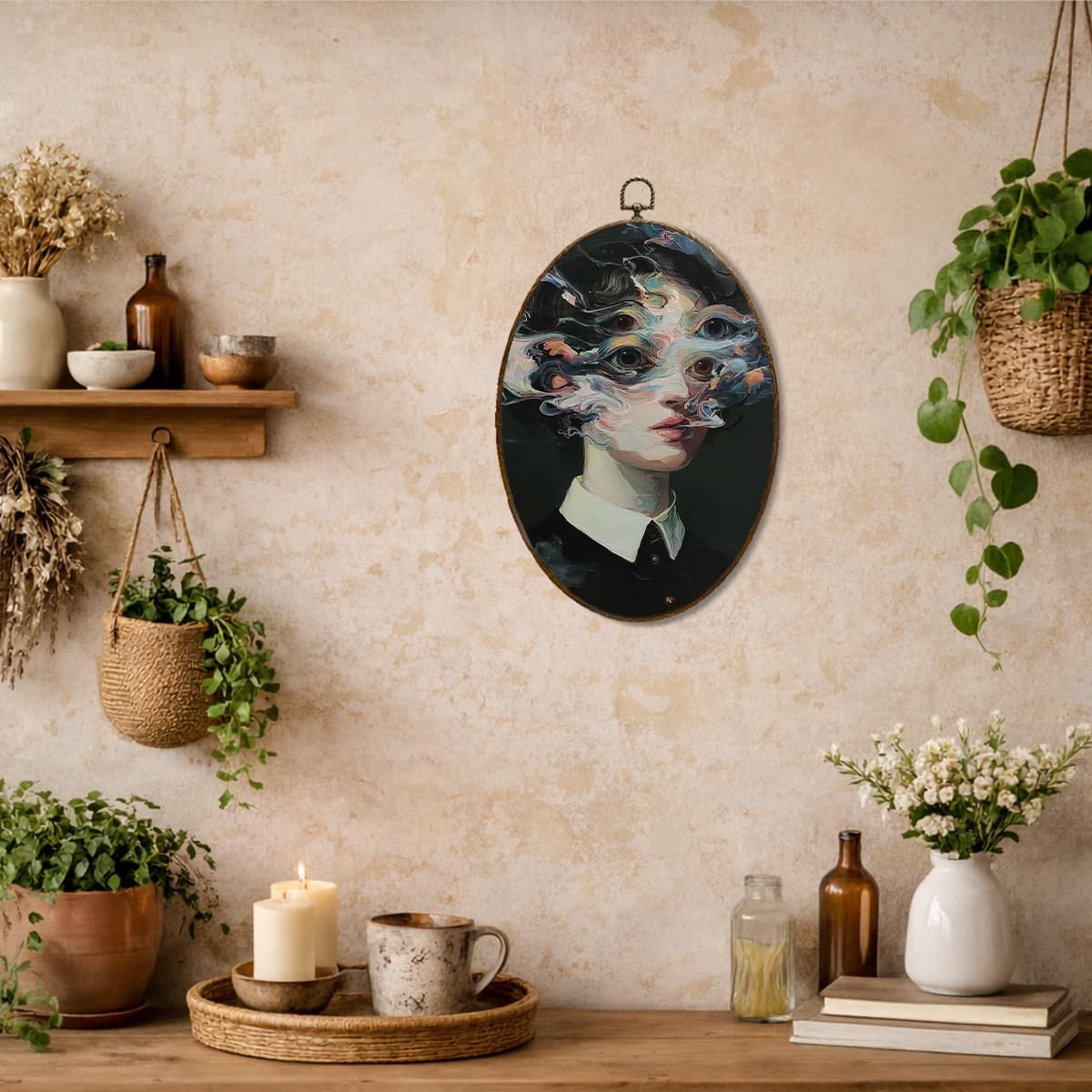 LMMHIOPI Dark Feminine Surreal Portrait Wall Art, Gothic Dark Academia Oval Canvas Wall Decor, Victorian Woman Trippy Painting, Moody Vintage Aesthetic Artwork for Bedroom Living Room, 8.5x11.5 Inch