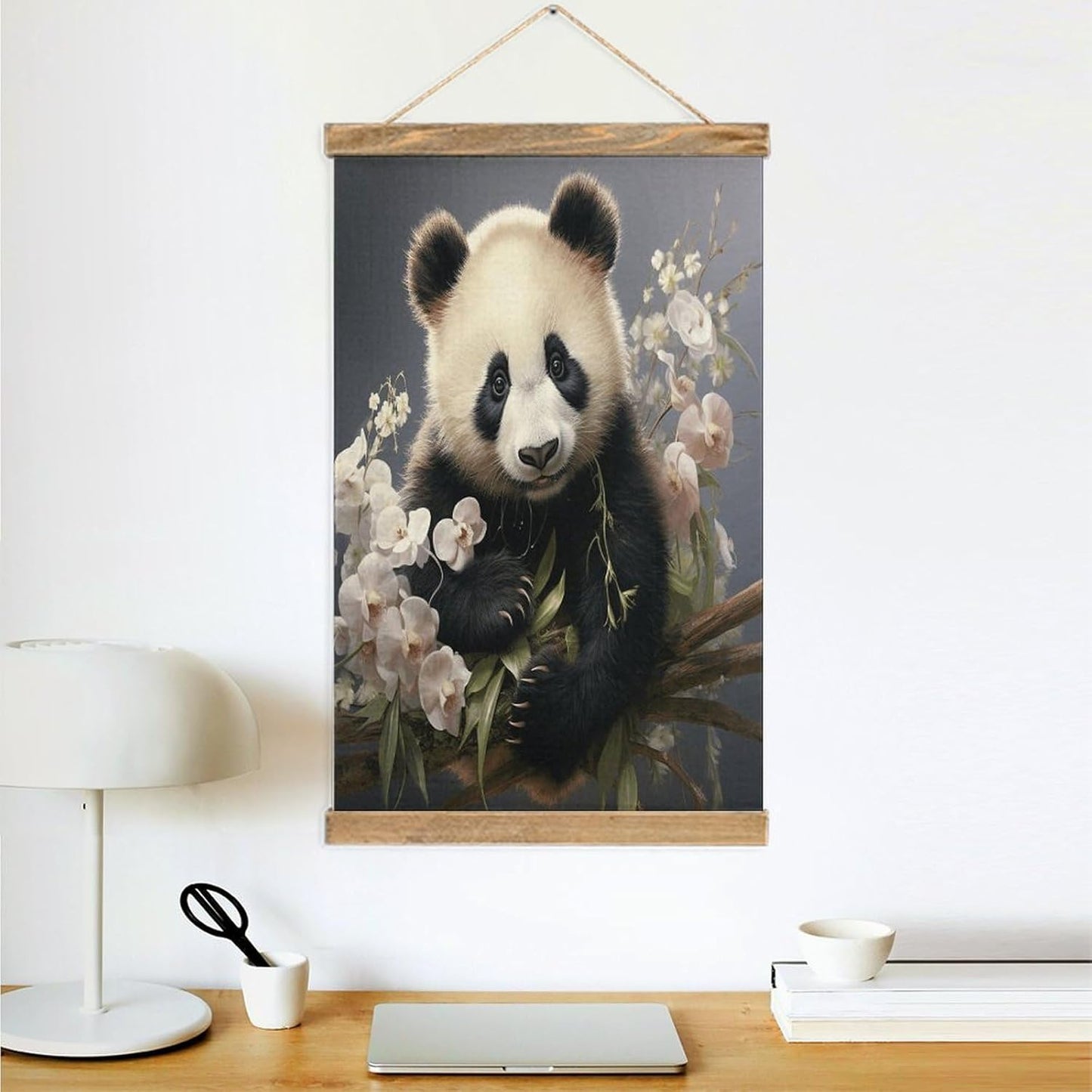 Vintage Panda with Flower Poster with Wooden Frame Personalized Linen Hanging Scroll Painting Rustic Wall Hanging Illustrative Modern Artwork Decor for Home Living Room Bedroom Office