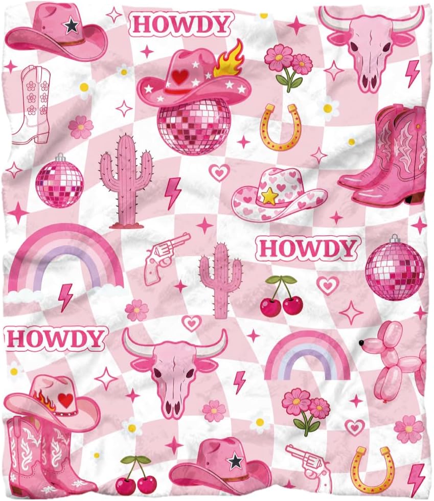 WADORN Western Cowgirl Throw Blanket, Hot Pink Funky Groovy Blankets Gifts for Women Cowboy Hat Boots Fuzzy Soft Flannel Fleece Blanket for Bedroom Holiday Home Living Room Sofa Bed Couch, 50''x60''