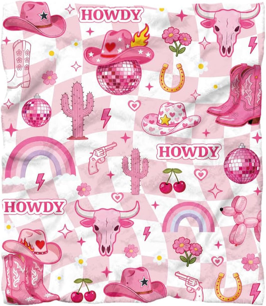 WADORN Western Cowgirl Throw Blanket, Hot Pink Funky Groovy Blankets Gifts for Women Cowboy Hat Boots Fuzzy Soft Flannel Fleece Blanket for Bedroom Holiday Home Living Room Sofa Bed Couch, 50''x60''