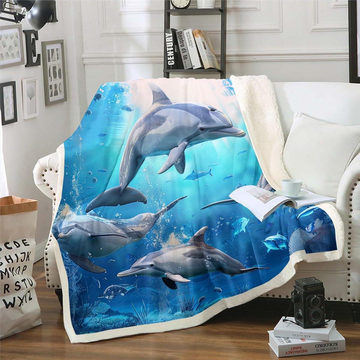 Dolphin Fleece Blanket 3D Marine Animals Throw Blanket for Kid Teen Boys Girls Blue Ocean Throw Blanket for Adult Bedroom Living Room Tapestrie Baby 30X40
