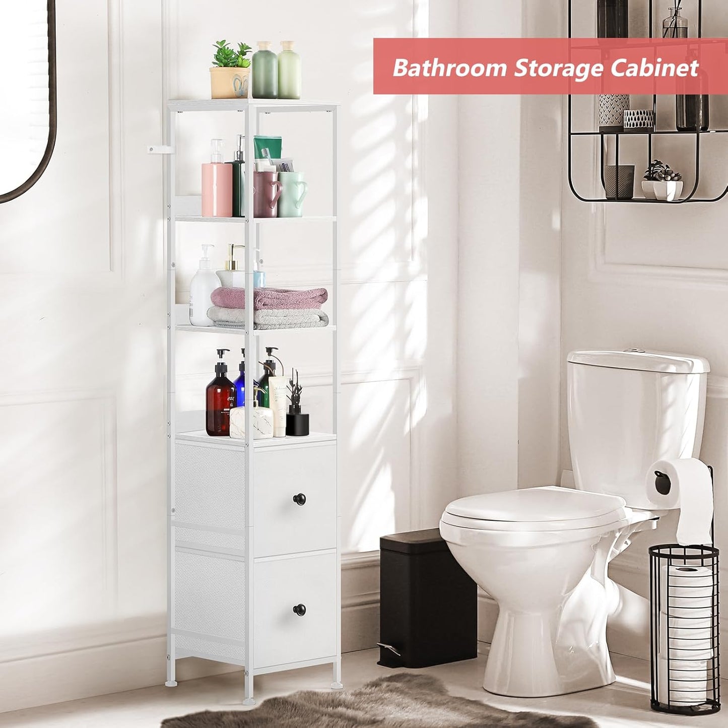 smusei Bathroom Storage Cabinet 55.9'' Tall Bathroom Storage Floor Cabinet with 2 Drawers and Shelves, Slim Corner Cabinet Narrow Bathroom Organizer Rack for Living Room, Kitchen, White