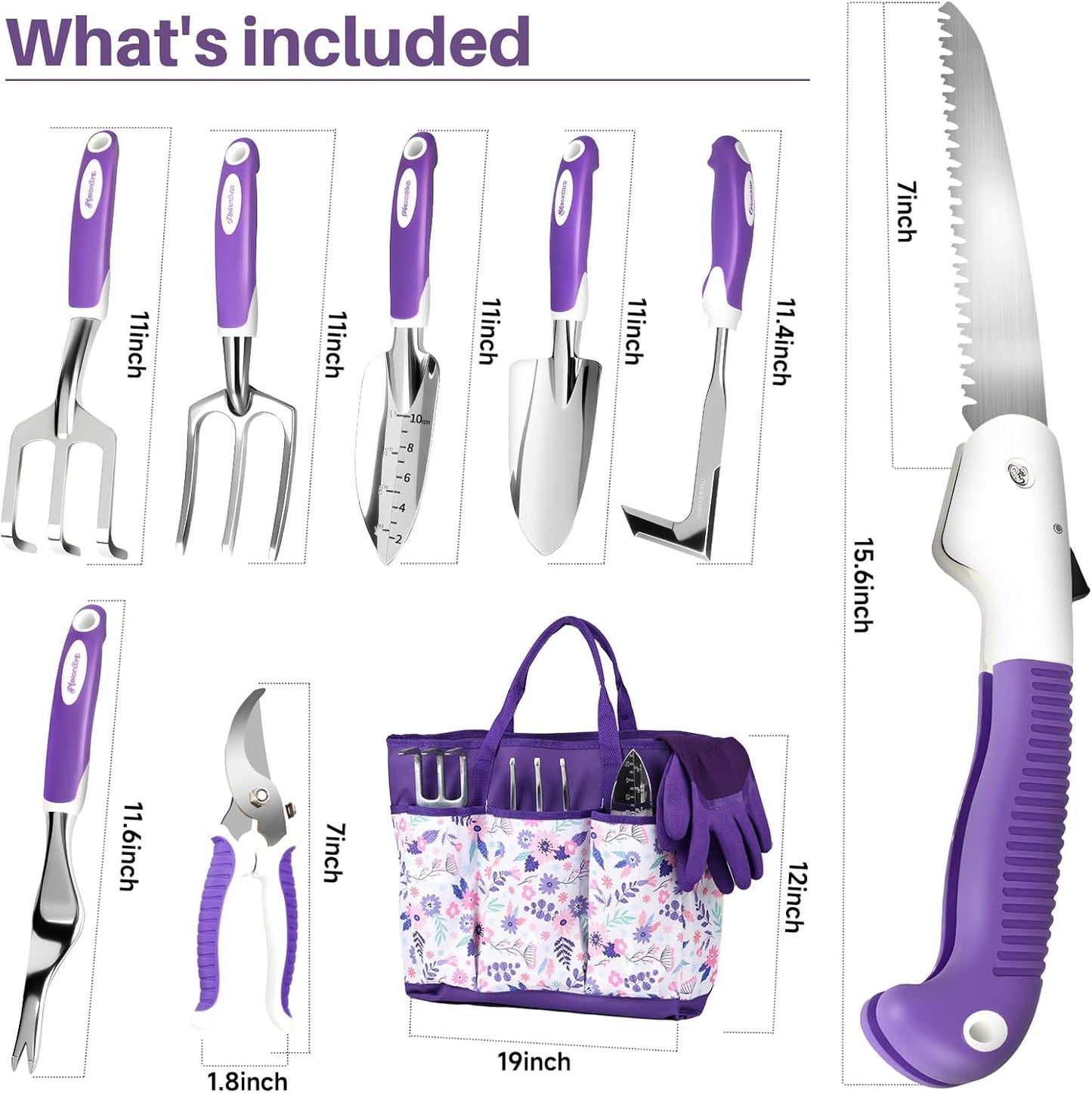 MelonArt Garden Tool Set, 10 Pcs Heavy Duty Gardening Tool Kit Women Garden Gift Set Aluminum with Non Slip Ergonomic Handle, Storage Tote Bag and Gloves, Garden Supplier for Women&Men(Purple)