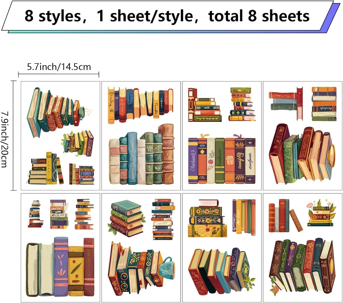 CRASPIRE 8 Sheets 8 Styles Book Window Stickers Boho Books Window Clings Waterproof proofing Collision Window Decals Peel and Stick Glass Wall Decoration for Home Bedroom Living Room Library 5.7x7.87