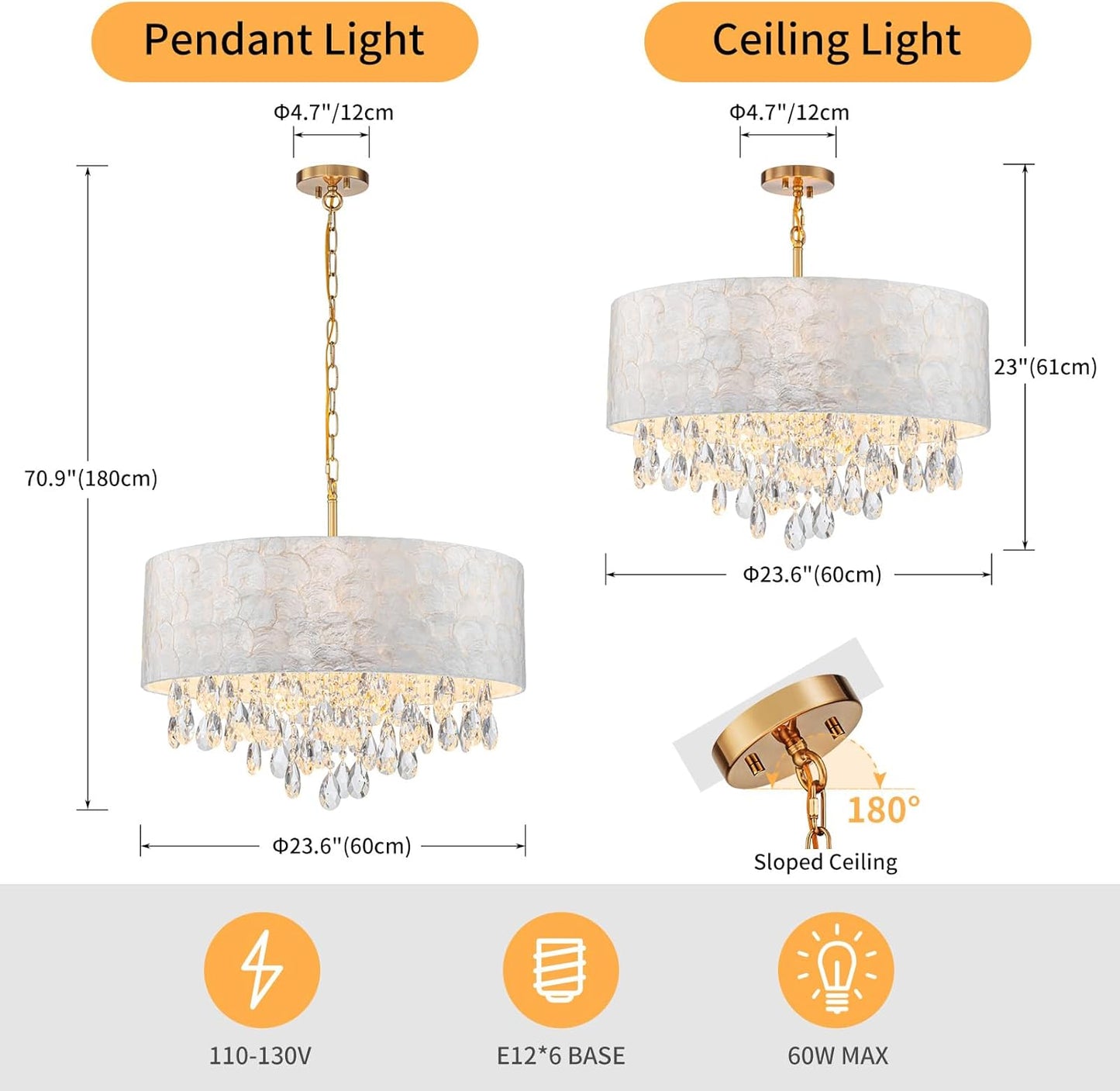 X-Large 6-Light Drum Capiz Shell Crystal Chandeliers, Coastal Style Pendant Light Fixture for Dining Room, Living Room, D24 x H23~71 inch(Adjustable), Shell Lampshade & Gold Finish