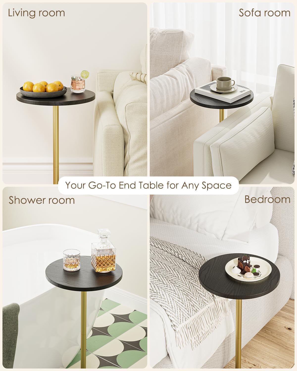 Masupu Drink Table, Round Side Table for Small Spaces, Pedestal Side Table, Small End Table with Metal Base, for Living Room, Bedroom, Bathroom, Black Gold