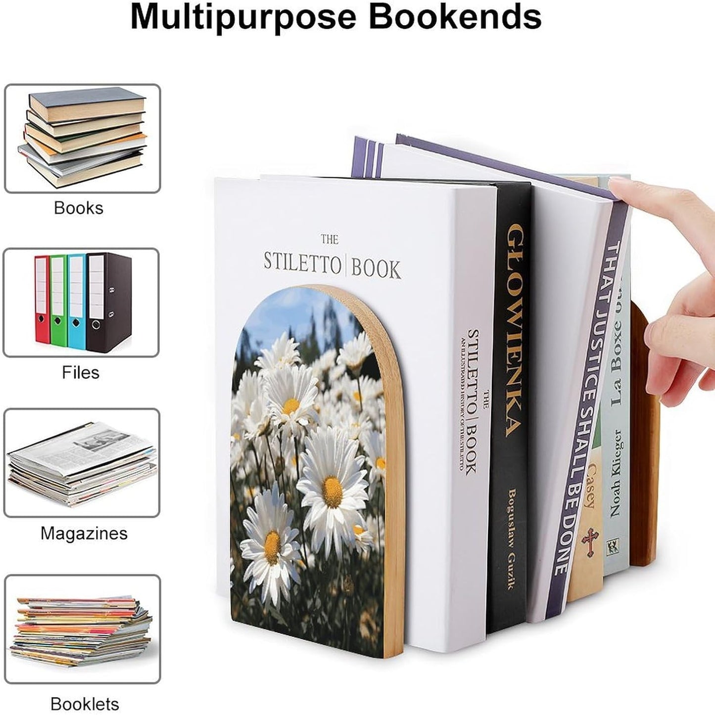 Wild White Daisies Bookend for Shelves Wooden Book End Large Size Sturdy Book Holders Stoppers with Metal Base for Bookshelves Slick Decorative Bookends Stands