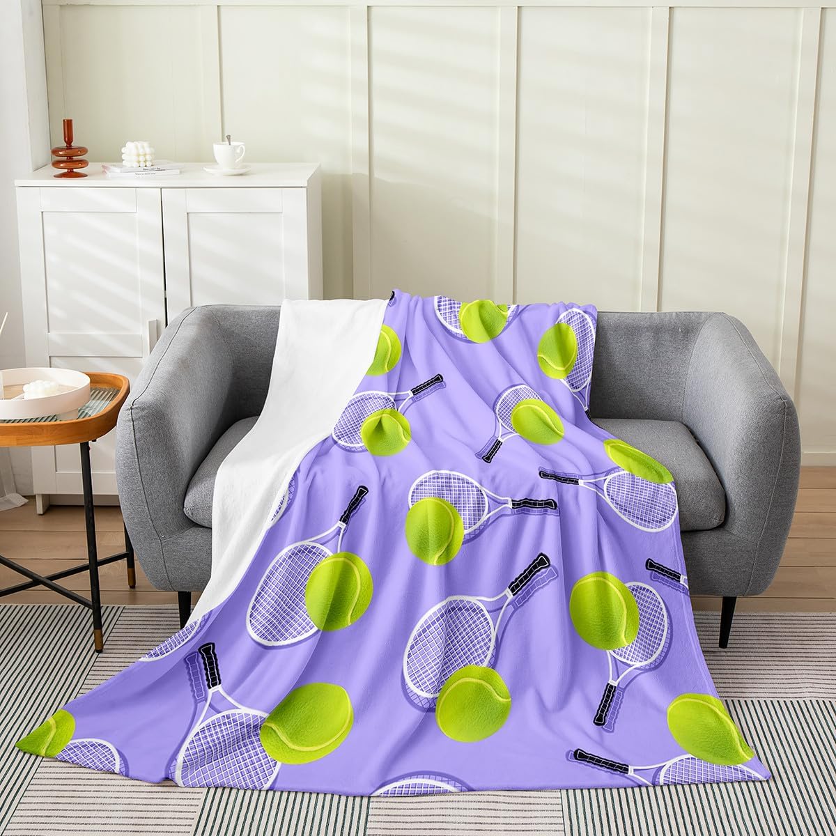 Erosebridal Kids Tennis Racket Sports Soft Fleece Throw Blanket 40x50 for Boys Girls Tennis Lover, Purple Ball Games Flannel Blanket for Sofa Bed Chairs, Player Activity All Seasons Room Decor