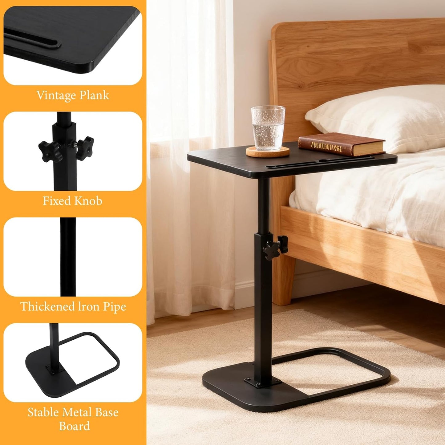 jessie Tv Tray C Table, Adjustable End Table for Couch 360° Swivel C Shaped End Table with Phone Tablet Slot for Living Room, Sofa, Bedside, Bathroom (Black)