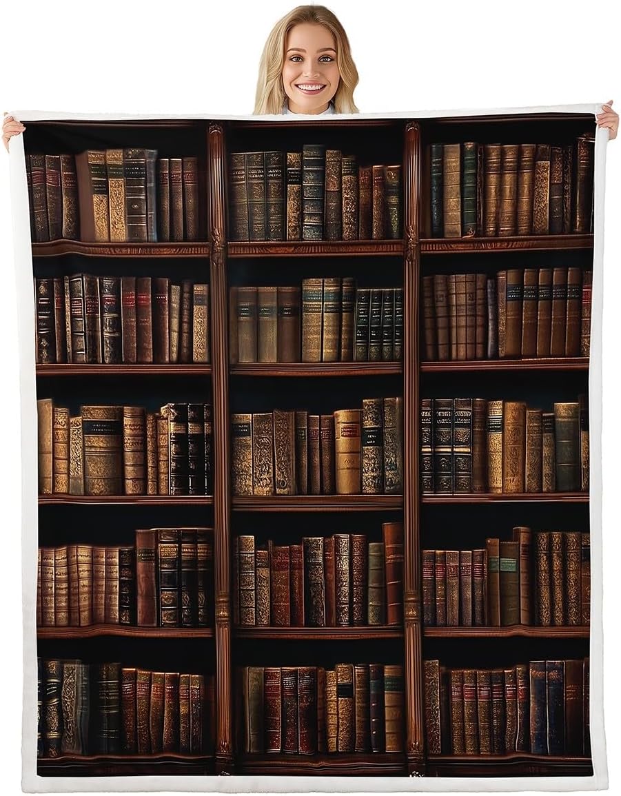 Book Throw Blanket,Reading Theme Bed Blankets Kids Teens Chair Sofa Bed Decor,Vintage Bookshelf Fleece Blanket Rustic Brown Fuzzy Blanket,50"×60"