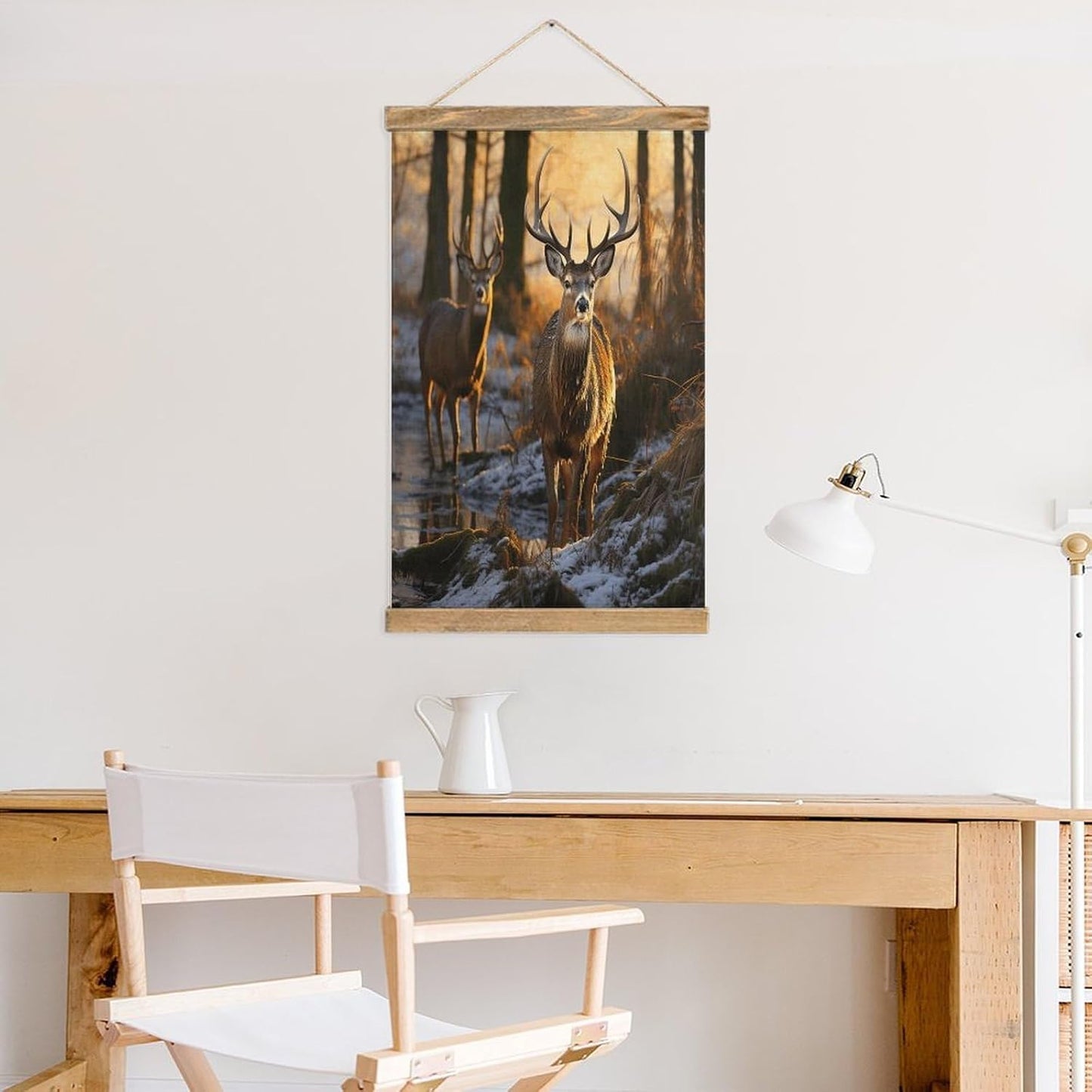 Vintage Deers Picture Poster with Wooden Frame Personalized Linen Hanging Scroll Painting Rustic Wall Hanging Illustrative Modern Artwork Decor for Home Living Room Bedroom Office