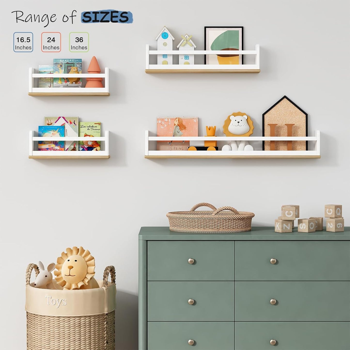 Kids Bookshelf Wall Mounted 36 Inch Long, White and Natural Wood Nursery Floating Bookshelves for Wall, Large Hanging Book Shelves for Baby Toddler Kid Childs Bedoom Playroom -Set of 3