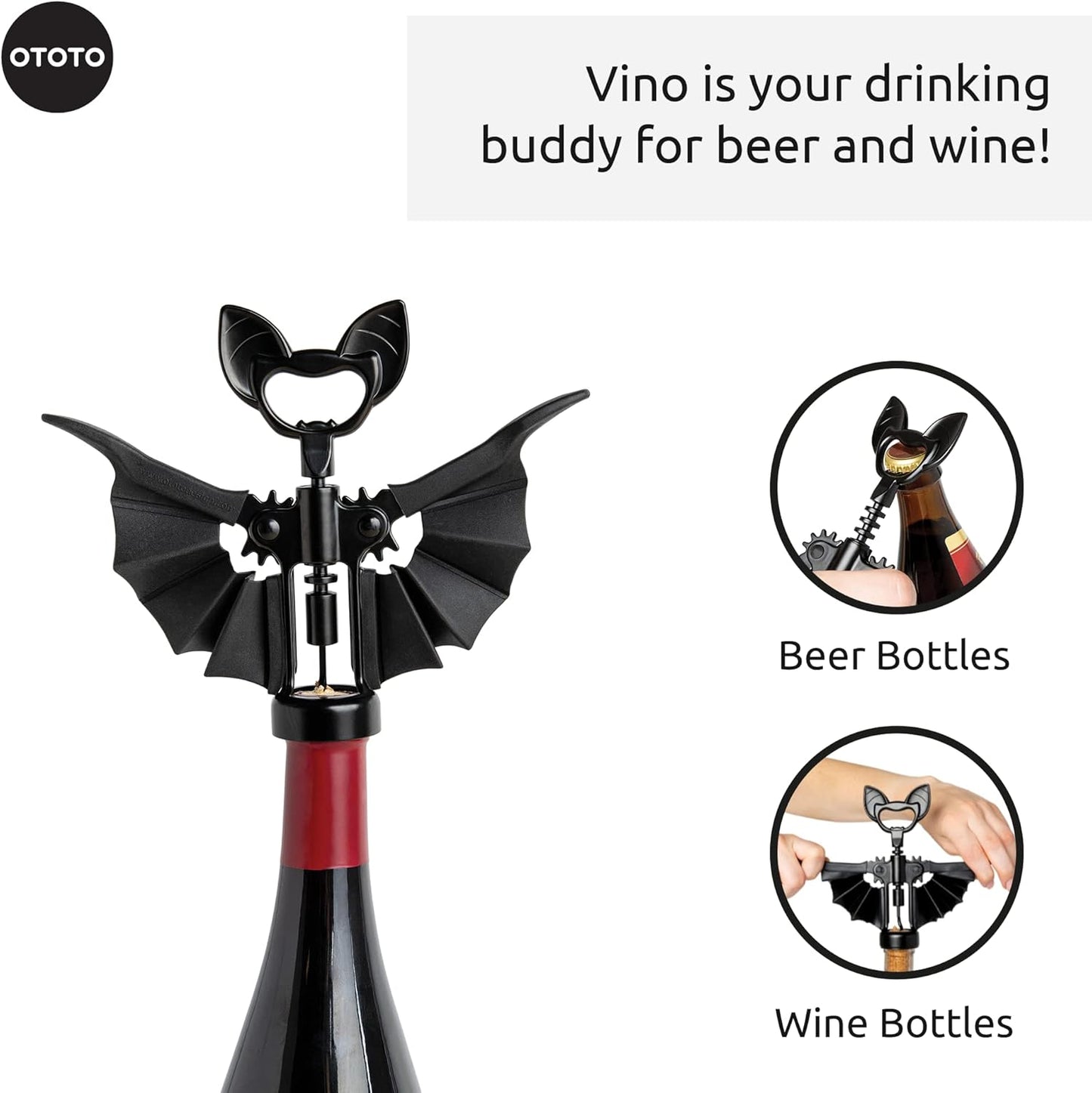 OTOTO Vino Spooky Bat 2-in-1 Wine & Beer Opener, Corkscrew & Bottle Opener - Goth Wine Accessories & Gifts for Wine Lovers