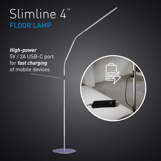 Daylight Slimline 4 LED Floor Lamp - 6,000K, 3,200 Lux, 4 Brightness Levels, USB-C Port for Fast Charging - Sleek Design, Anti-Glare Shade, Flexible Height Adjustment - Ice Grey