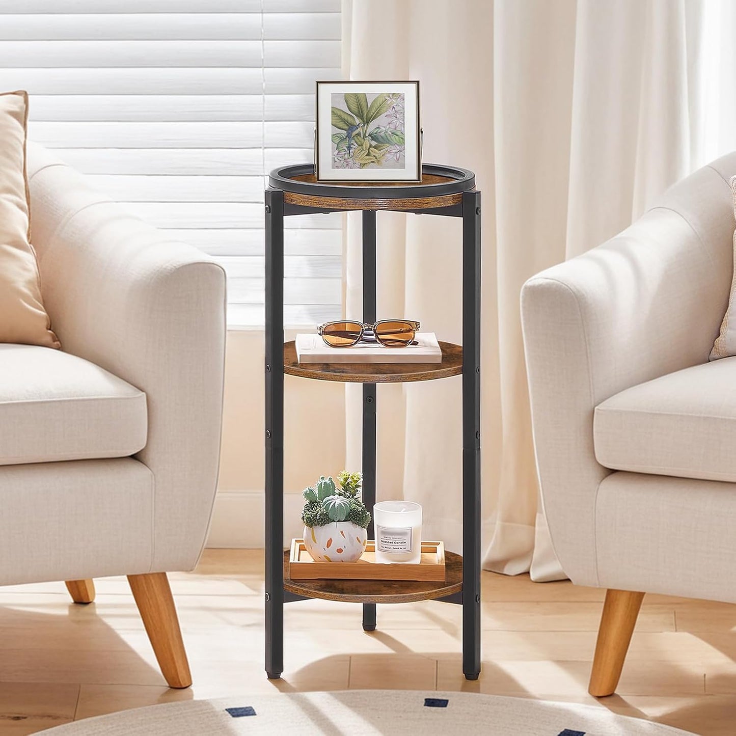 HOOBRO Small Round Side Table, 3-Tier Tall Coffee Drink Table for Sofa Couch, 28.7" H Slim Nightstand, Circle Wooden Accent Table for Living Room, Corner, Bedroom, Rustic Brown BF182BZ01