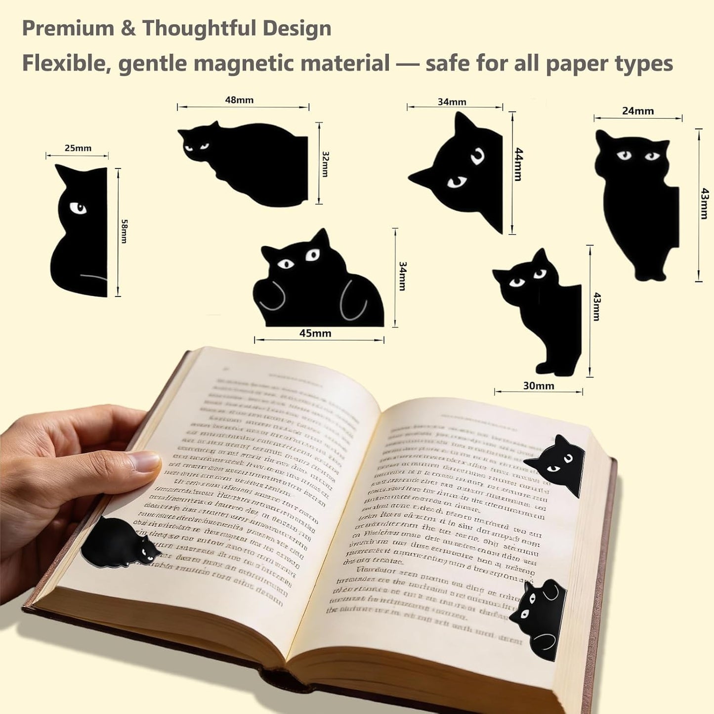 6-Pack Black Cat Magnetic Bookmarks with Wooden Thumb Book Page Holder, Cute Cat Book Mark Clips & One-Hand Book Holder for Reading, Book Lovers Gifts for Women Cat Lovers