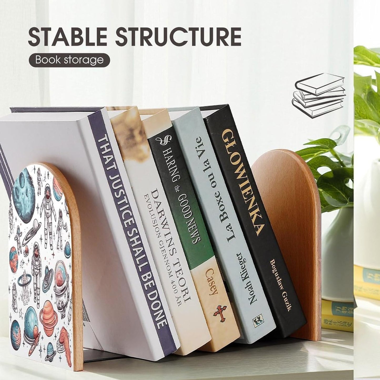 Space Theme Wooden Bookend Non-Slip Book Ends Heavy Duty Book Stopper with Metal Base Books Holderd Decorative Bookends Stands Firmly for Office Supplies