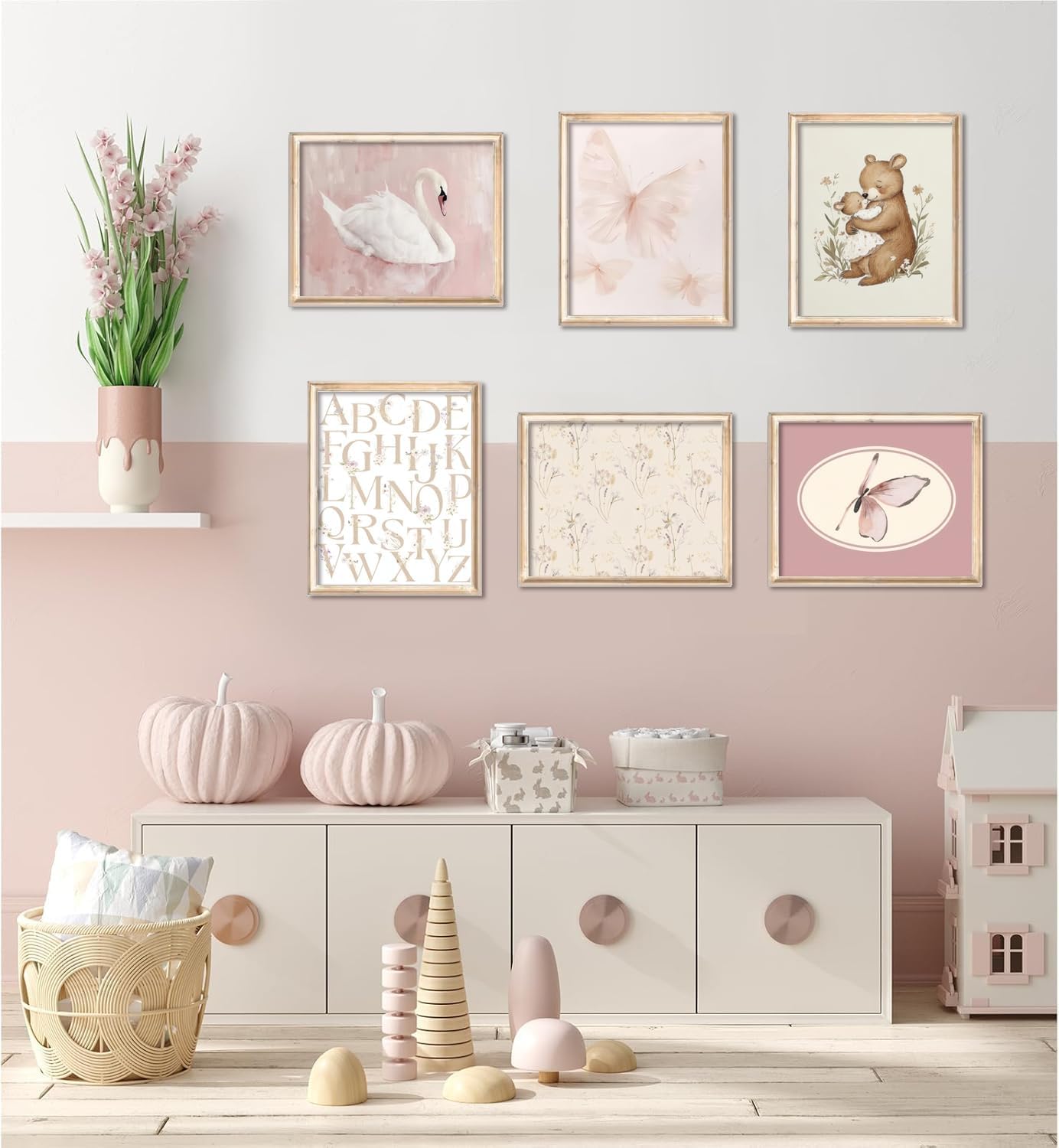 Coquette Girl Nursery Wall Art White Swan Preppy Painting Pink Butterfly Floral Pictures Aesthetic Canvas Posters Vintage Nursery Artwork for Girls Room Bedroom College Dorm 8x10 Inch Unframed