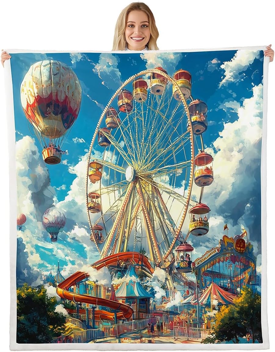 Erosebridal Amusement Park Blanket Throw 50"x60" Cartoon Ferris Wheel Throw Blanket for Kids Funny Sky Clouds Carousel Fleece Blanket City Roller Coaster Happy Holiday Sherpa Blanket