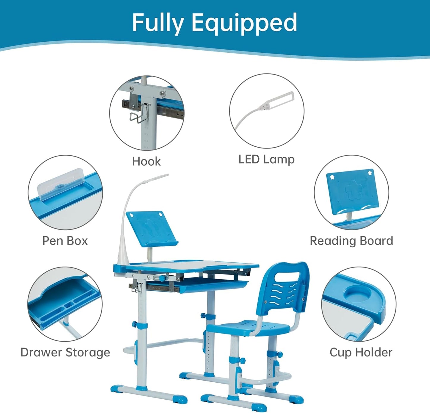 Kids Desk and Chair Set, Height Adjustable Child's School Study Writing Tables with Tilt Desktop, LED Light, Storage Drawer, Book Stand (Blue)