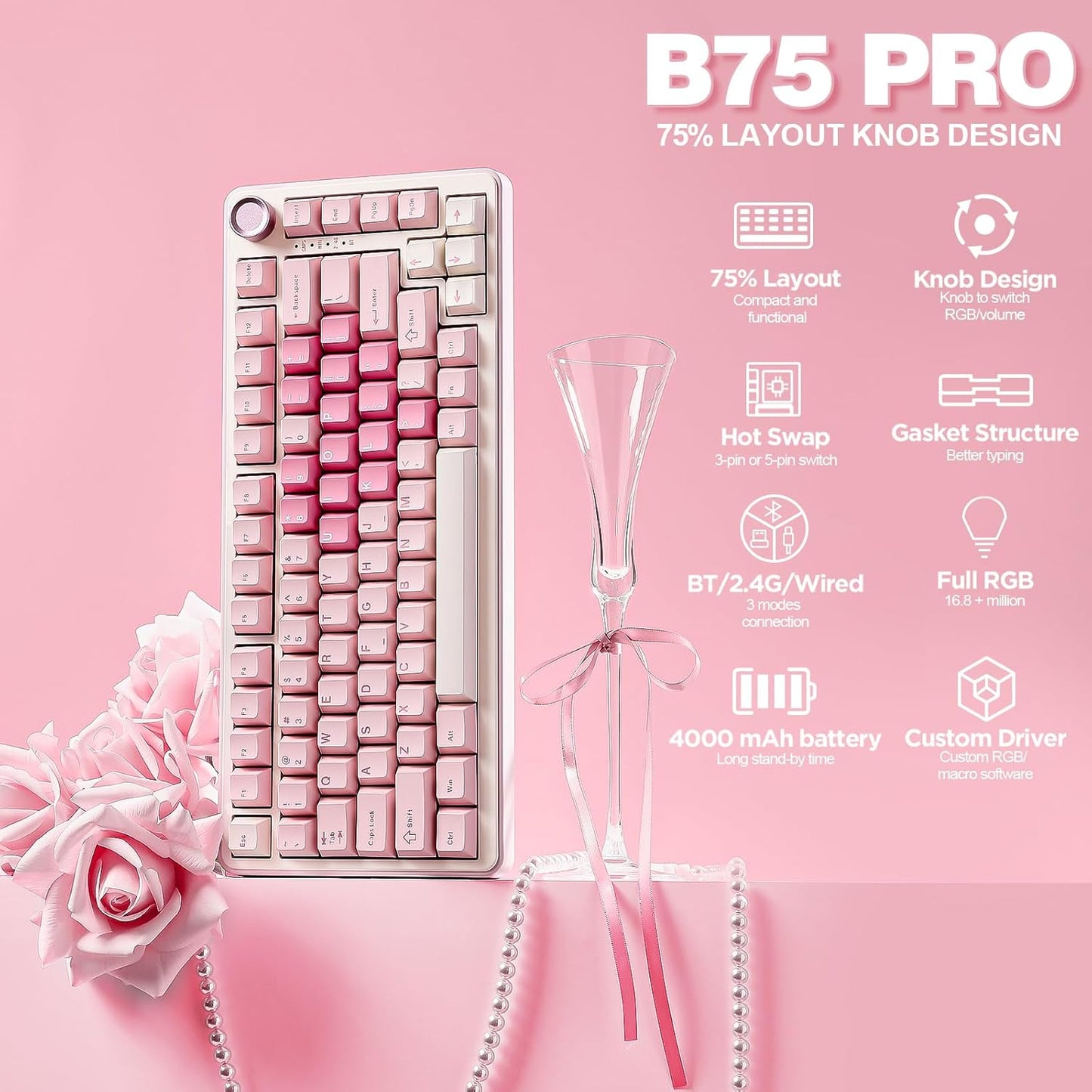 YUNZII B75 PRO Wireless Mechanical Keyboard,75% Layout with Knob,Hot Swap Gasket Custom Structure,Creamy Pre-lubed Switches,RGB Backlit,Bluetooth/Type-C/2.4G for Win/Mac(Milk Switch,Pink)