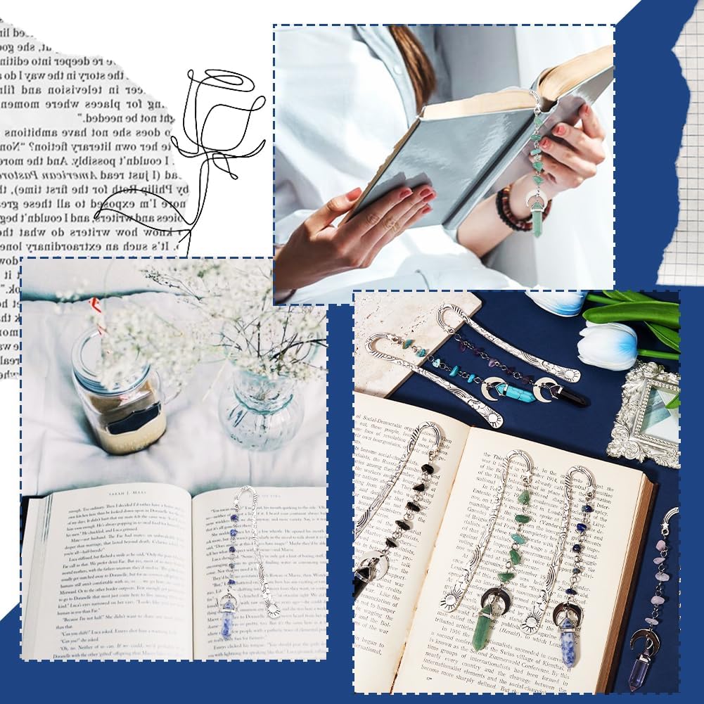 SUNNYCLUE 6Pcs Stone Bookmarks Charm Book Marks Antique Silver Metal Alloy Vintage Natural Synthetic Gemstones Crystal Dangle Pendant Hook Book Makers for Books Teacher Friend Reading Accessories