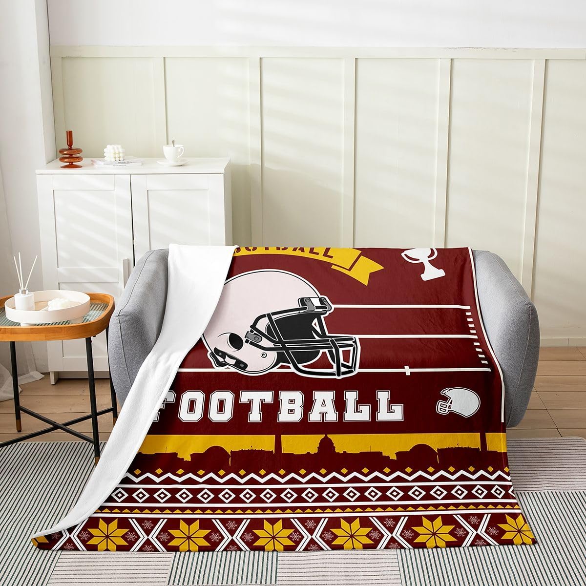 Erosebridal Football City Fleece Throw Blanket Twin 60"X80" - Ultra-Soft for Couch Sofa Bed,Rugby Sports Lover Flannel Blanket,Football Helmet Fuzzy Plush Throw,Red Yellow White Room Decor