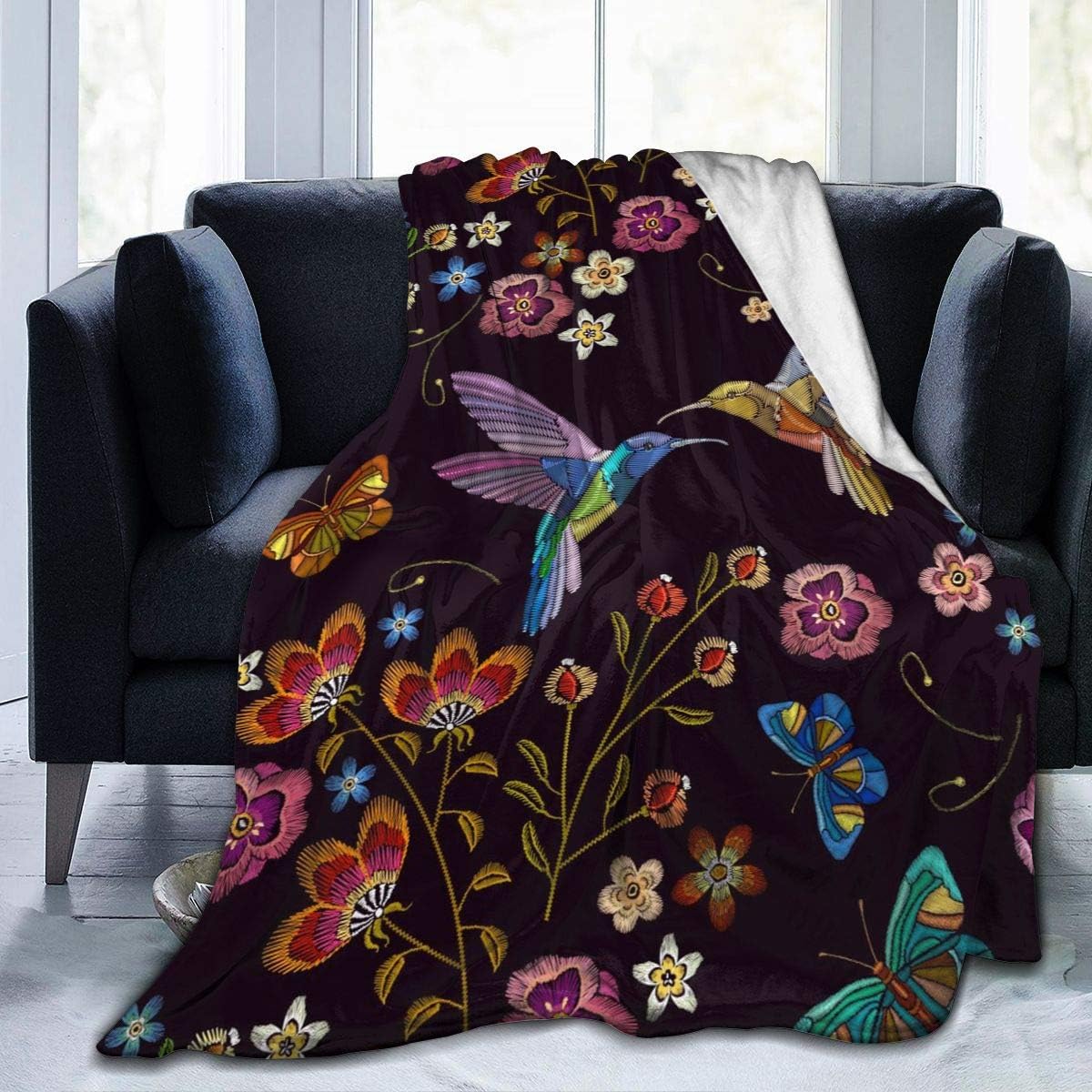 Hummingbird Bird Fleece Throw Blanket Ultra Soft Cozy Blooming Flowers Decorative Flannel Blanket All Season for Home Couch Bed Chair Travel 60x50in