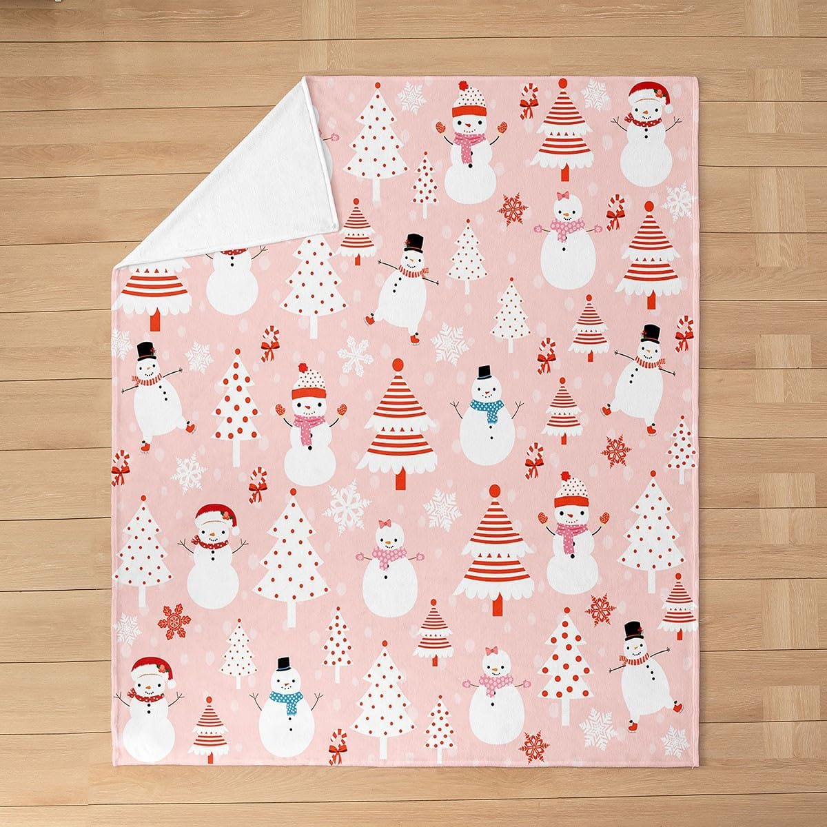 Feelyou Christmas Kids Plush Throw Blanket Cartoon Snowman Bedding All Season Bed Blanket Set for Sofa Couch Christmas Tree Decor Flannel Fleece Blanket Set Pink Dots Xmas Theme Bedroom Queen 90"x90"