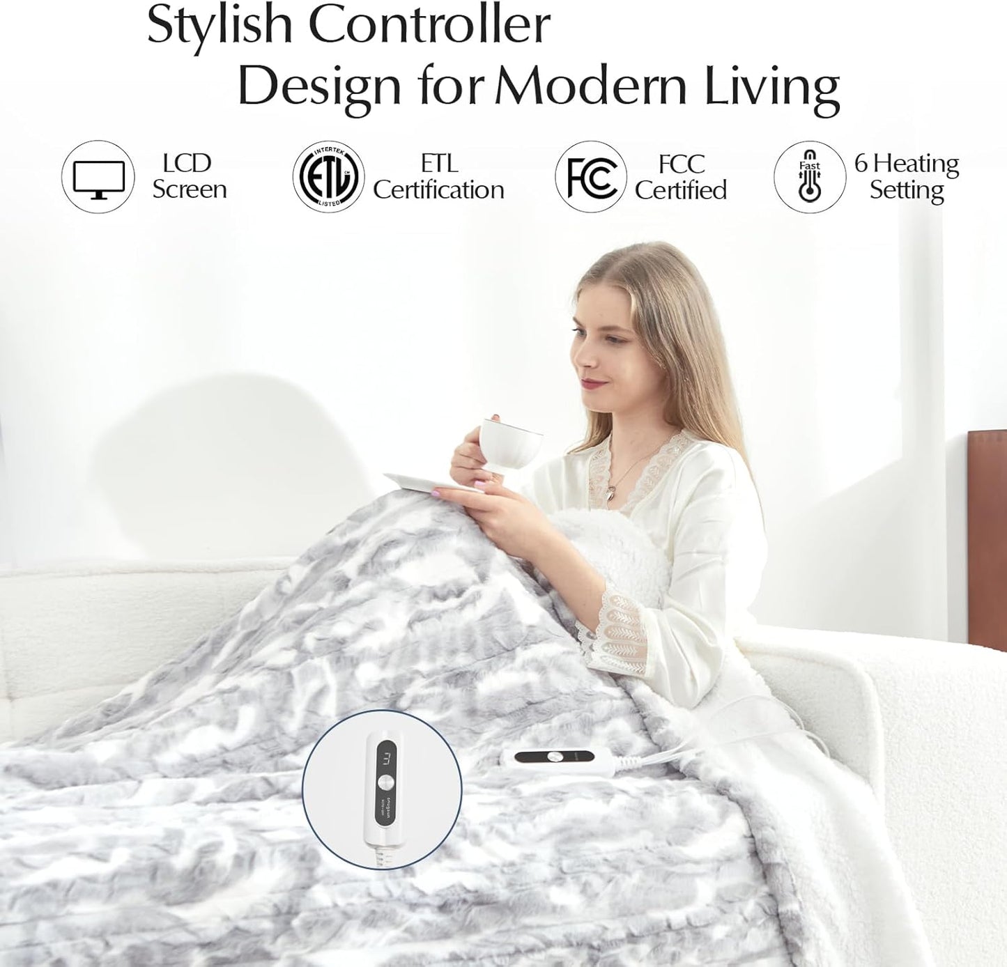 Heated Blanket Faux Fur & Sherpa Full Size, Safe Electric Blanket ETL & FCC Certified, Soft Warm 6 Heating Levels & 10 Hours Auto-Off, Machine Washable, 72"x84" Light Grey & White Pattern
