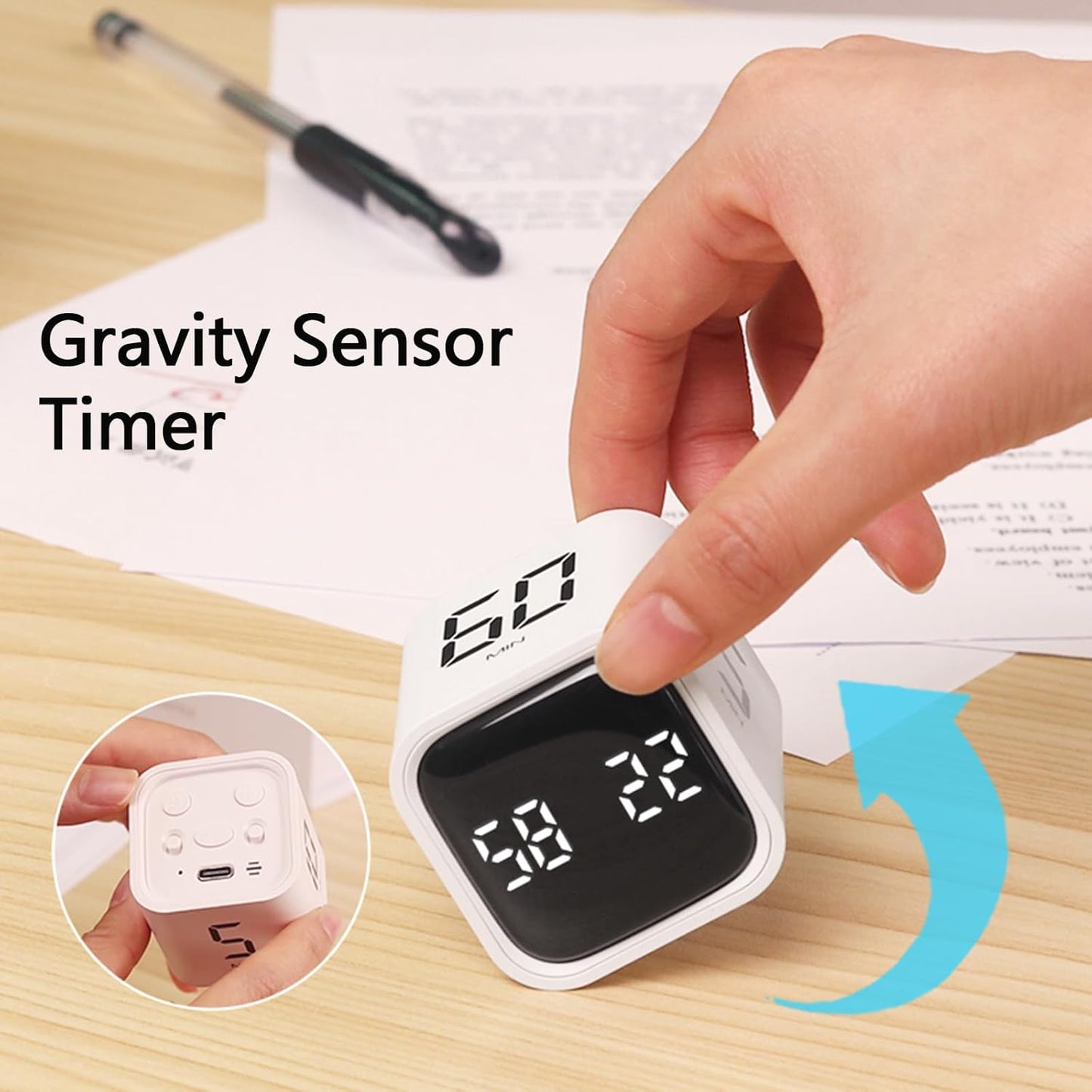 Rotating Cube Timer - 1/5/30/10/60min Presets, Gravity Sensor Pomodoro Stopwatch, 3 Sound Modes, ADHD Study Tool for Office/Kitchen/Classroom (F6 White)
