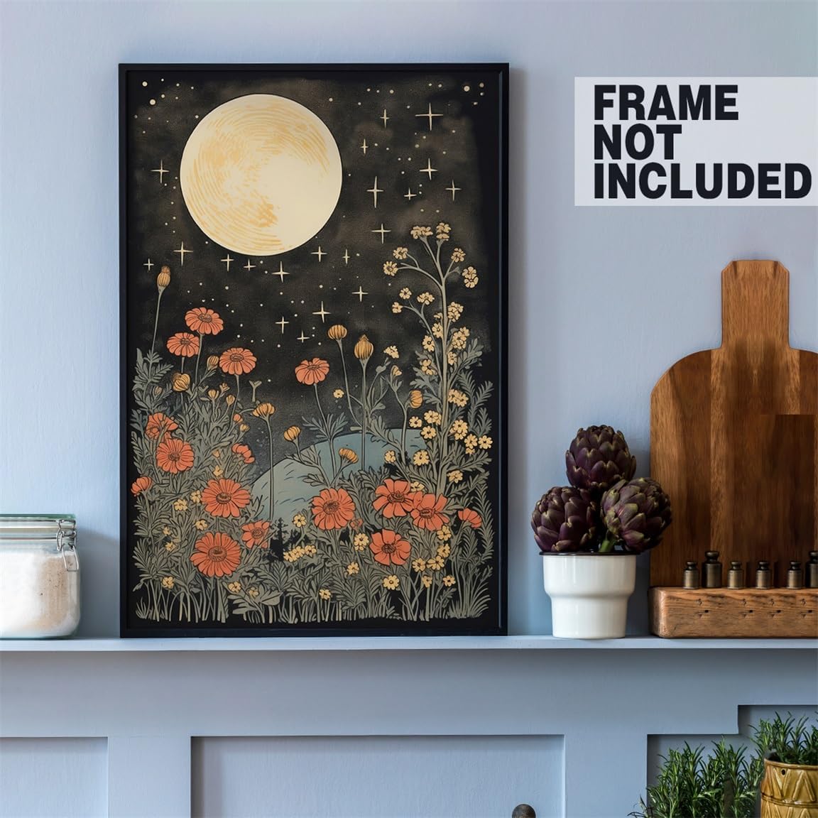 Vintage Moon Flowers Canvas Wall Art, Retro Mystical Celestial Moon Poster, Rustic Orange Yellow Wildflower Field Print, Cottagecore Ethereal Moonlight Botanical Floral Wall Decor 12x16in Unframed
