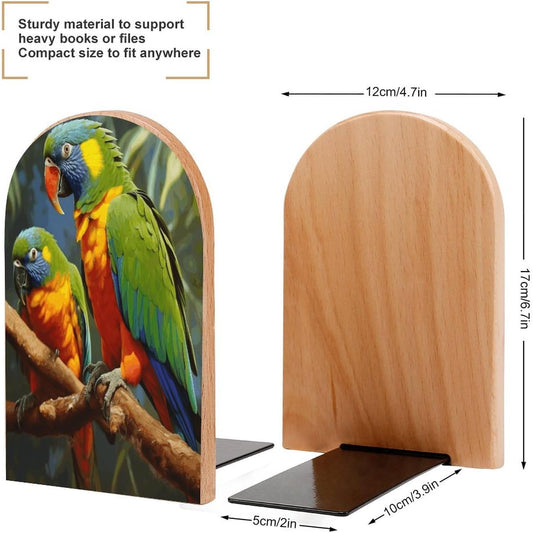Bird Parrot Painting Bookend for Shelves Wooden Book End Large Size Sturdy Book Holders Stoppers with Metal Base for Bookshelves Slick Decorative Bookends Stands