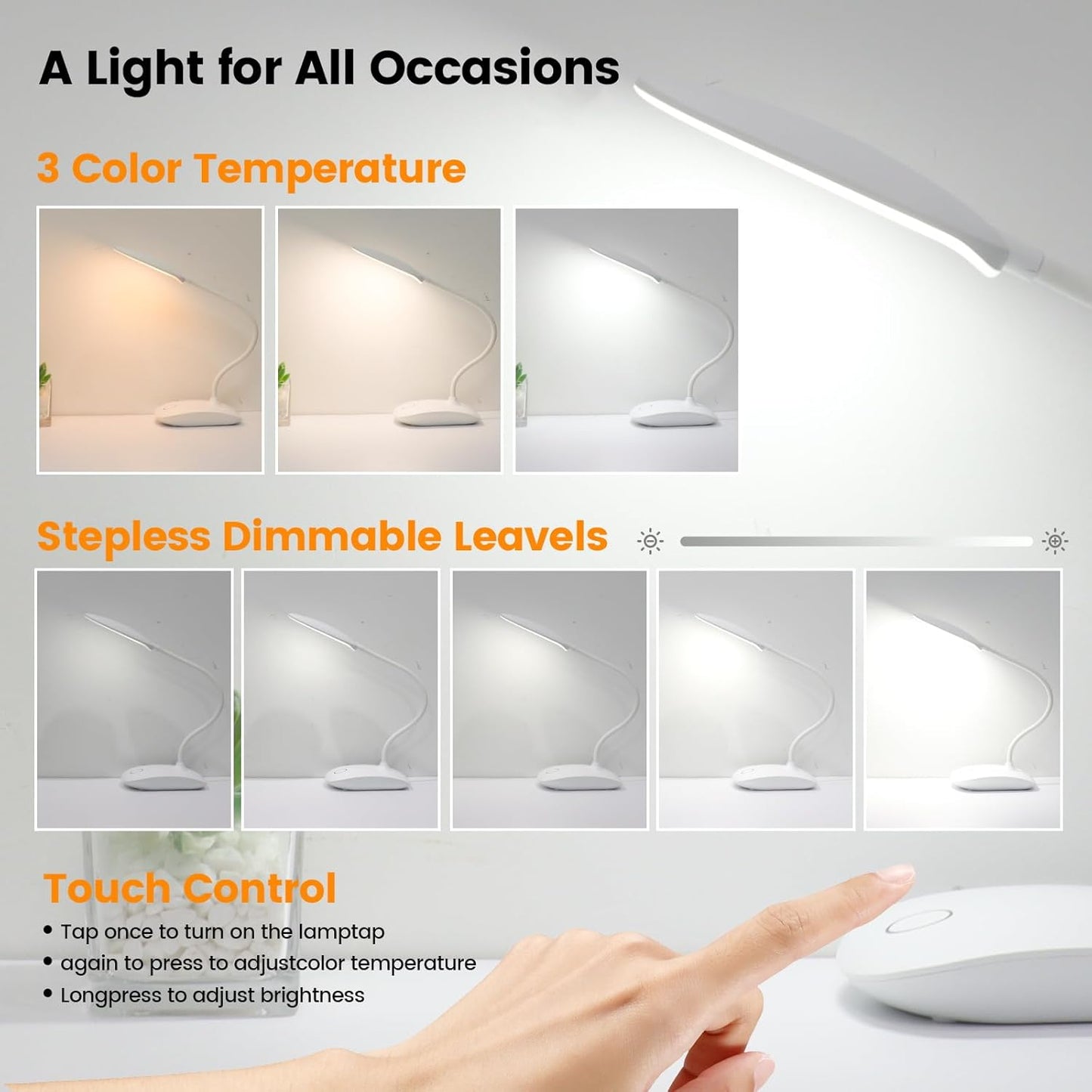 Battery Powered Desk Lamp, Portable Lamps Rechargeable 3 Color Modes Touch Control Stepless Dimming, Wireless Desk Lamp with 2000mAh, Small LED Table Light for Dorm Study Office Bedroom,White