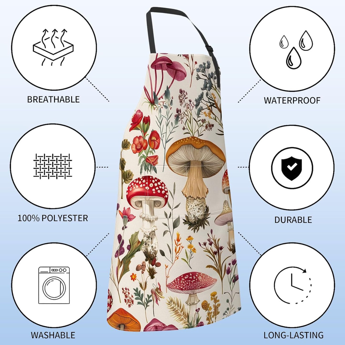 Retro Mushroom Apron for Women with Wildflower,28x33in,Botanical Kitchen Aprons with 2 Pockets,Oxford Fabric,Fern Adjustable Apron for Cooking Baking Gardening Chef,Gifts for Mom Wife