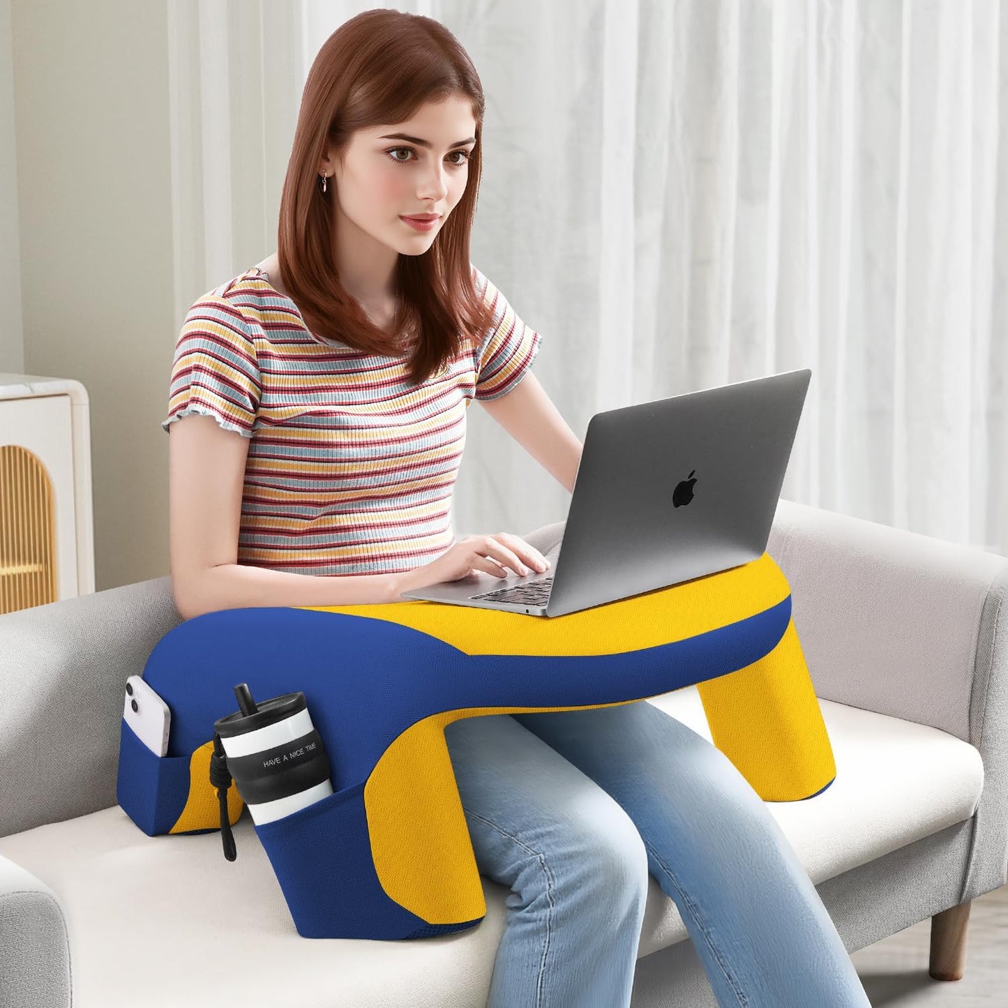 Reading Pillow, Gaming Pillow for Lap, Bed Desk for Laptop and Writing, Memory Foam Lap Desk for Reading, Working, Playing Steam Deck Switch or Sitting in Bed, Floor Sofa- Yellow