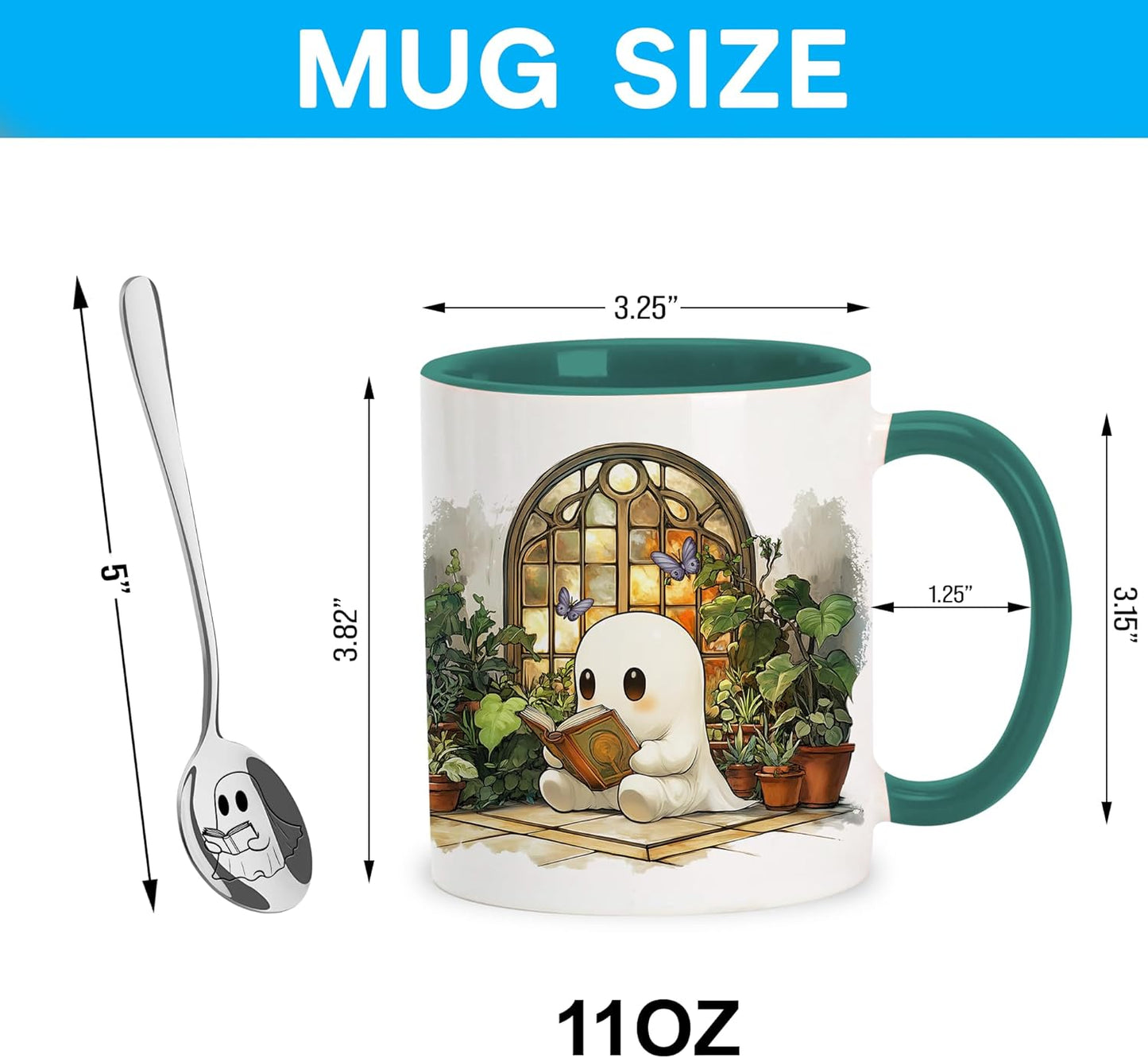 Hyturtle Cute Ghost Reading Coffee Mug with Spoon Gifts For Book Lovers, Plant Lovers On Birthday Christmas, Reading Cup Gifts For Girl Women, Book Club Gift Keepsake 11oz White Green Ceramic Tea Cup