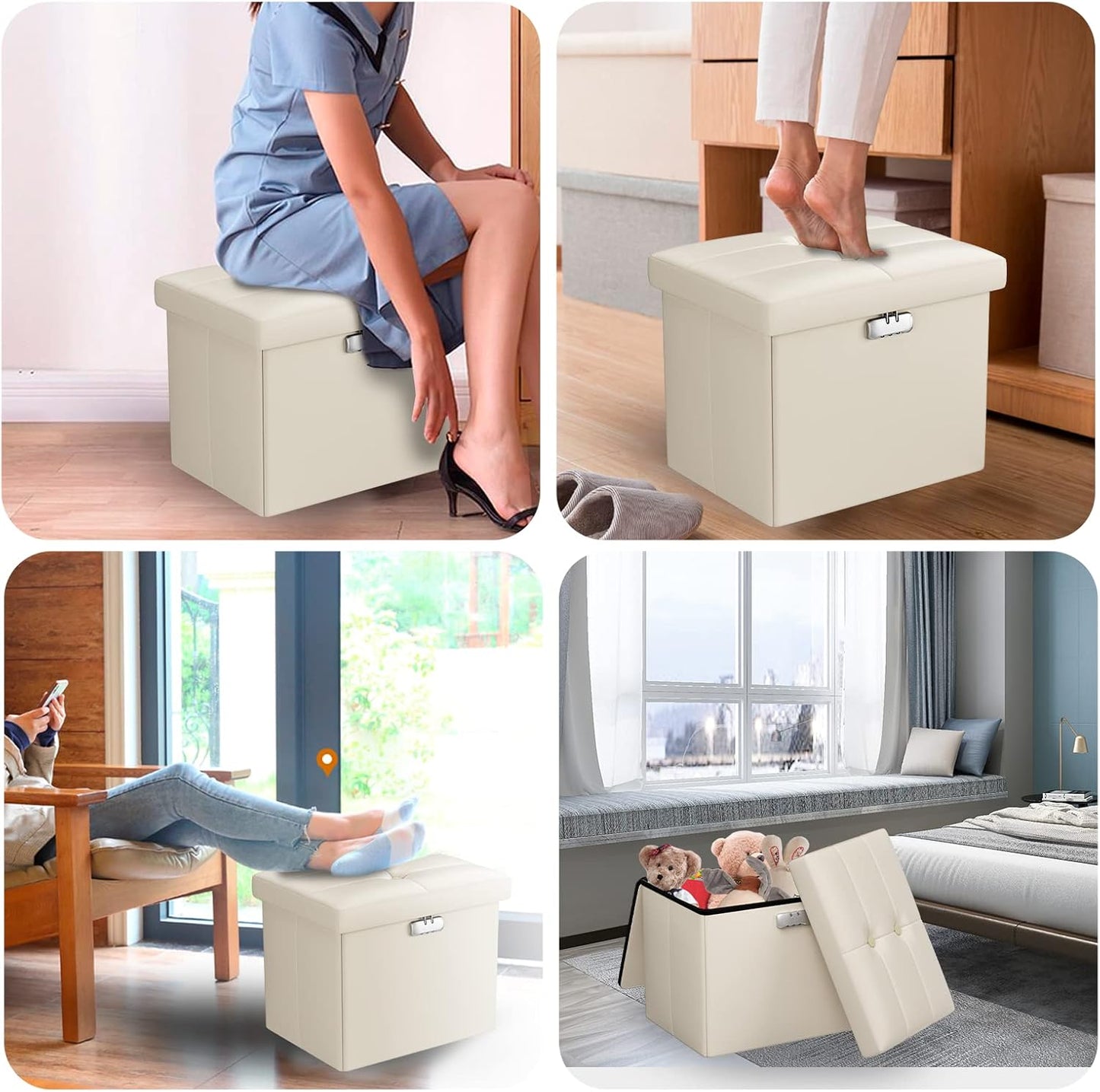 Tamfile Small Ottoman with Storage, 17 x 13 x 13 inch Fireproof Safe Folding Ottoman with Lock for Important Documents, Waterproof Foot Rest Stool with Storage, Ottoman Foot Rest with Handle, Beige