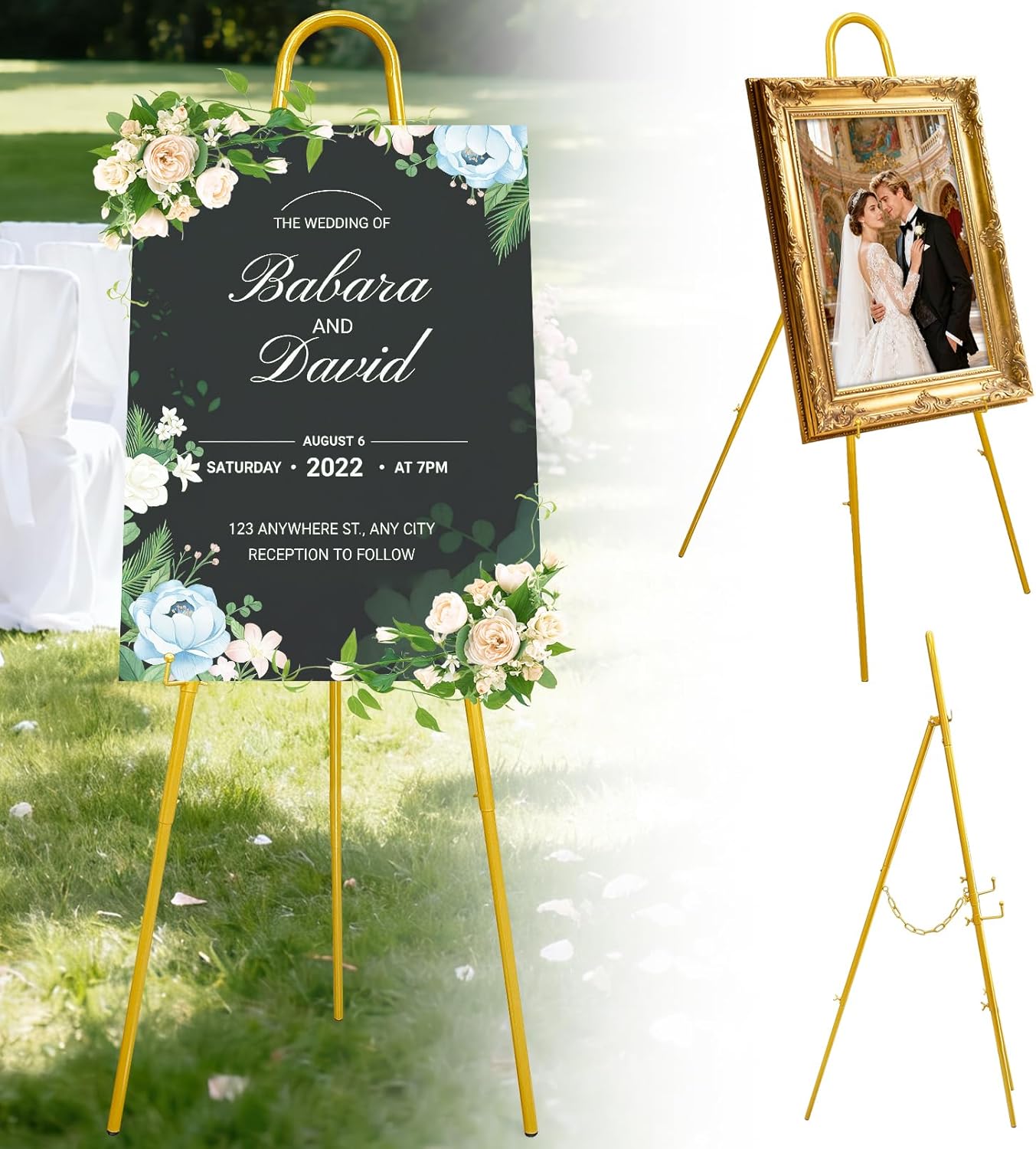 52" Gold Easel Stand for Wedding Sign, Adjustable Height Levels, Lockable at Any Height, 3 Display Modes, Heavy Duty Art Easel for Wedding, Draw Pictures, Art Gallery & Shop Promotion