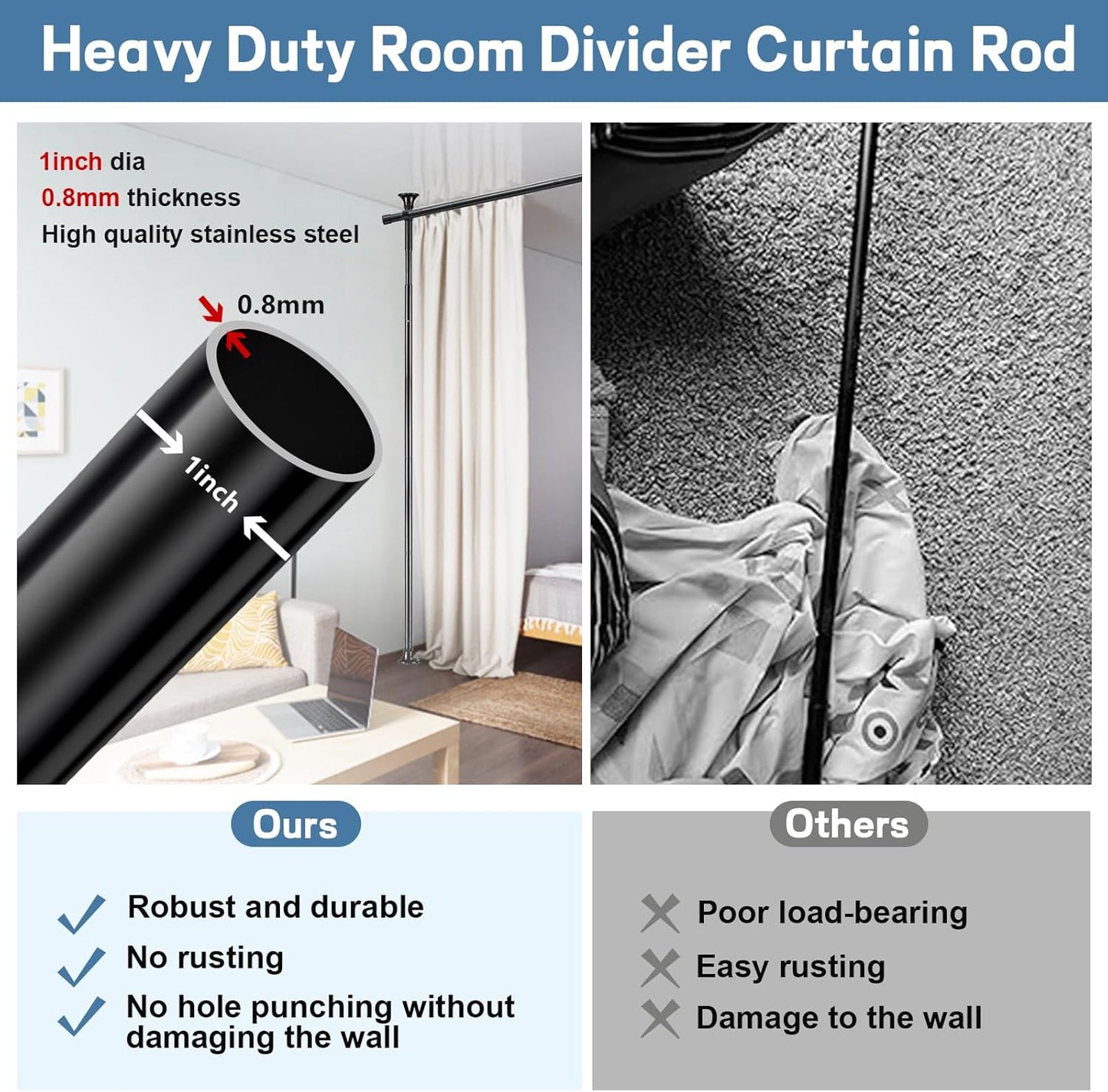 Room Divider Curtain Rod, No Drilling Rod, 48-120inch (H) 28-144inch(W) Adjustable Partition Hanging Room Dividers, Room Partitions and Dividers Floor to Ceiling Self Stand for Space Partition Black