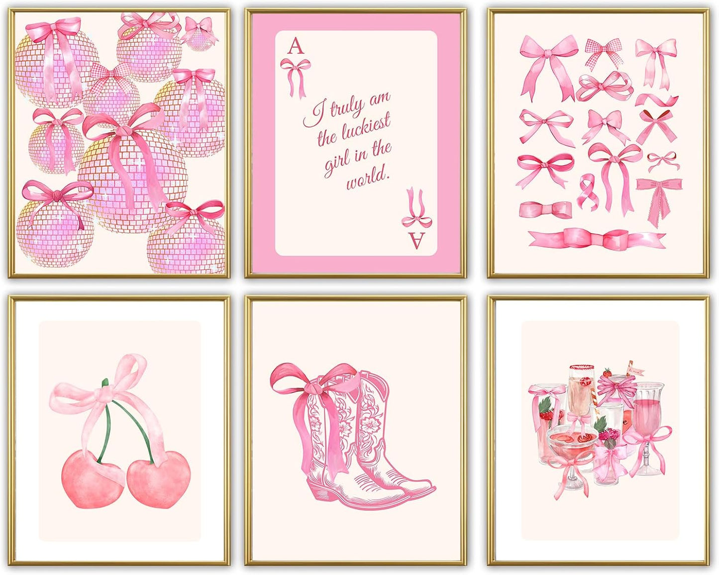 Pink Coquette Wall Art Prints Set of 6 – Trendy Preppy Room Decor for Girls Bedroom & Dorm – Pink Bow, Disco Ball, Cherry & 8 Ball Posters – 8x10 Unframed Aesthetic Wall Decor