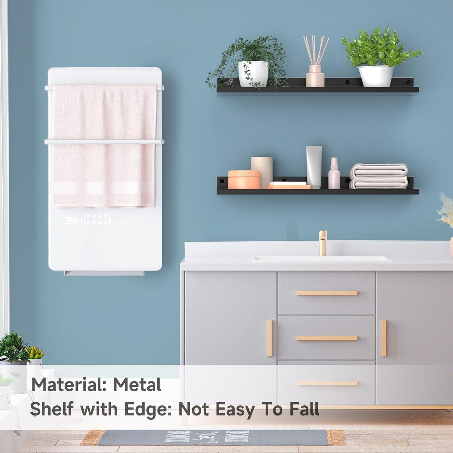 PEKGRIL 4 Pack Metal Floating Shelves, 17x6 Inch Large Wall Mounted Shelf for Storage, Black Kids Bookshelf, Display Ledge Shelves with Lip for Bathroom, Bedroom, Living Room, Bathroom, Kitchen
