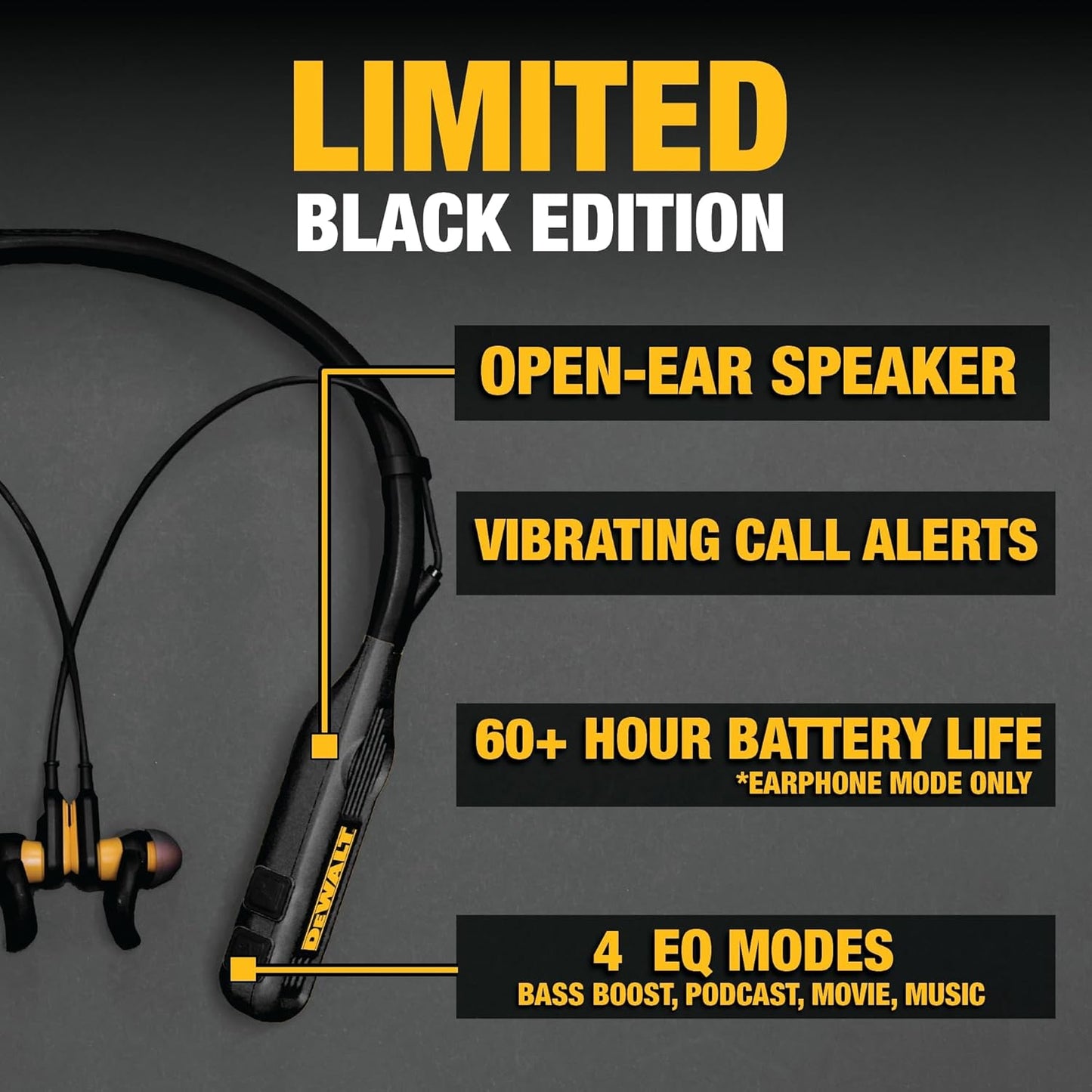 DEWALT Heavy Duty Black Edition 2-in-1 Neckband Bluetooth Headphones w/Built-in Speakers, Jobsite Wearable Speaker & Around Neck, Wireless Headset, 60+ Hrs Hands-Free Music & Calls, Carry Pouch
