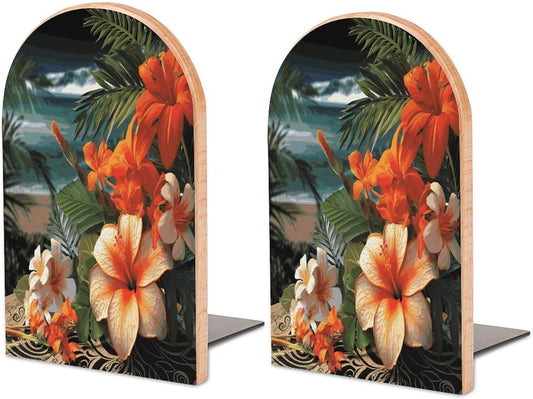 Tropical Flowers and Decorations Wooden Bookend Non-Slip Book Ends Heavy Duty Book Stopper with Metal Base Books Holderd Decorative Bookends Stands Firmly for Office Supplies