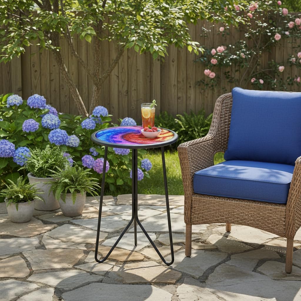 LIFFY Patio Side Tables,12" Metal Outdoor Side Table with Colorful Glass Tabletop,Small Round Decorative Metal End Table & Plant Tables for Home Garden Yard Balcony