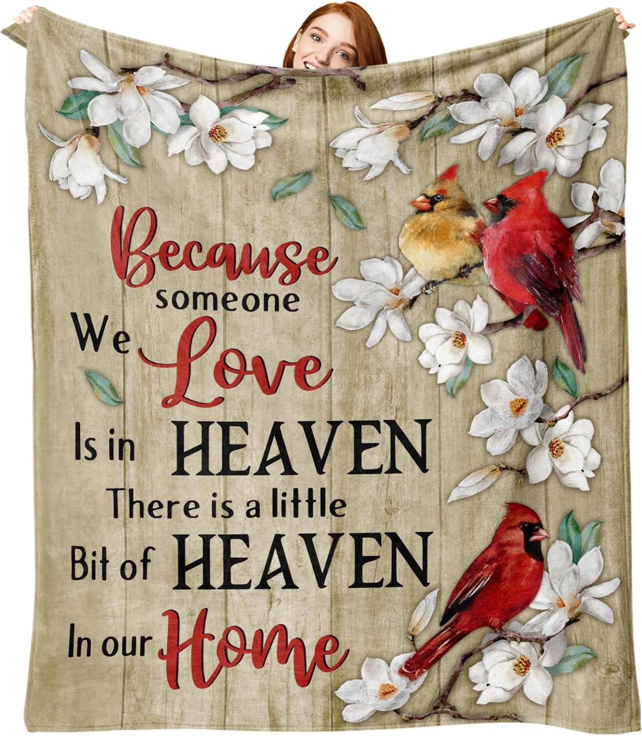 Memorial Cardinal Flannel Throw Blanket, Sympathy Gifts for Memory Lost Loved Ones Friends Family Members, Red Birds Magnolia Flower Farmhouse Soft Blankets for Bedding Sofa 50 x 60 Inches